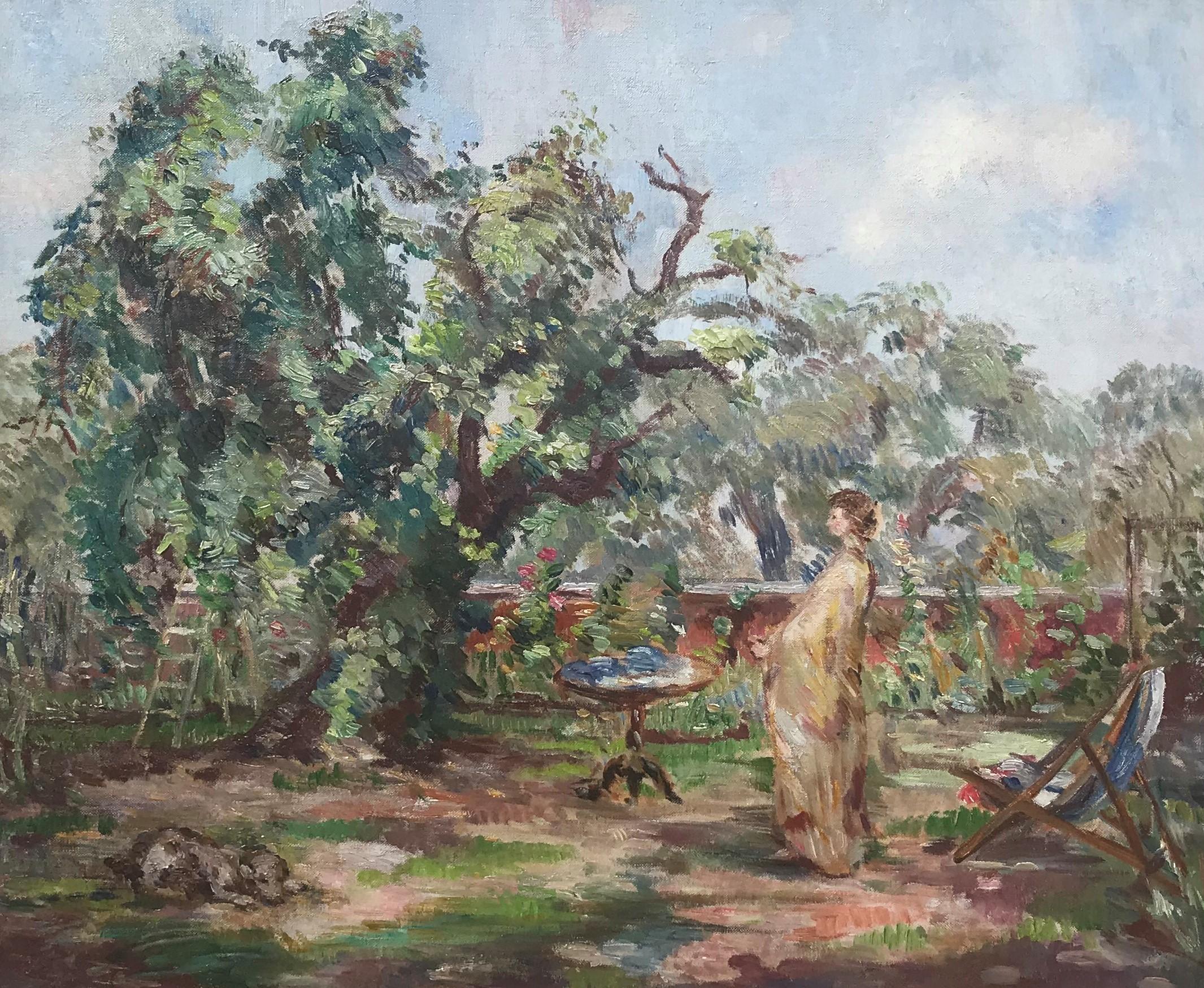 In the Garden, huile sur toile impressionniste d'origine de l'école française, figurative