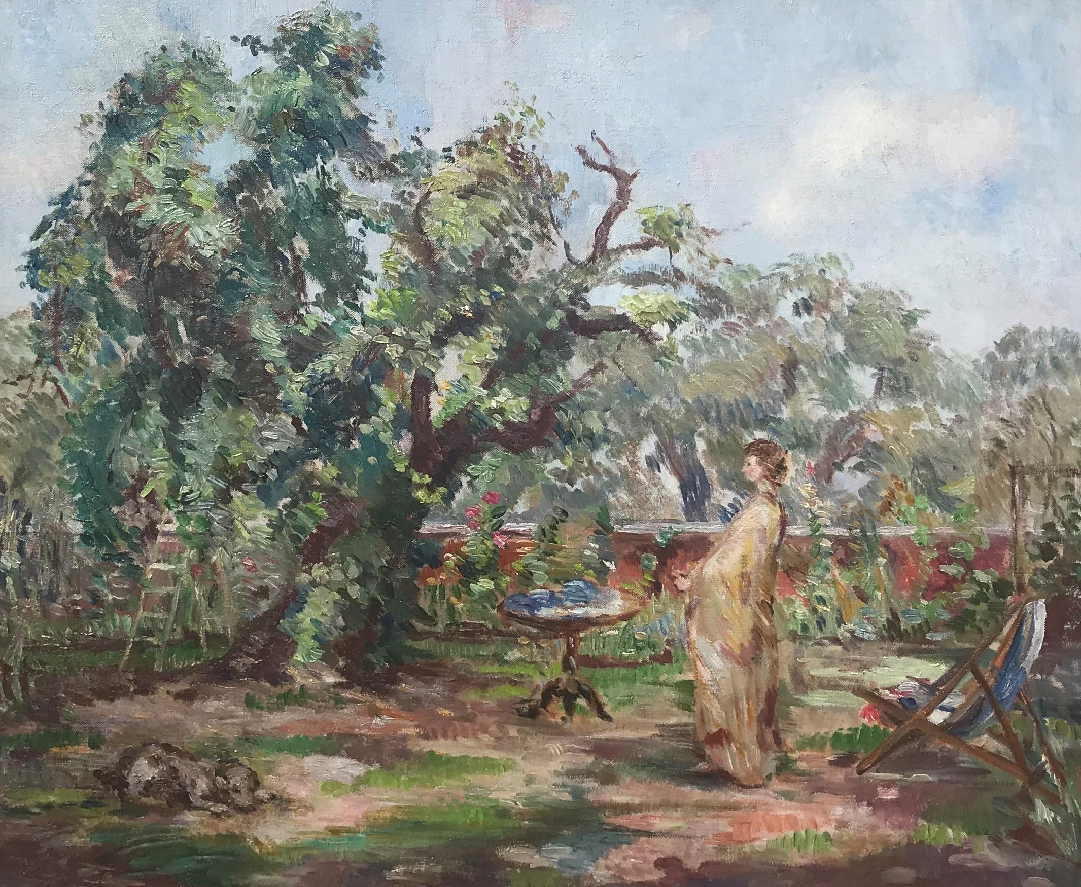 „Im Garten“, französischer Impressionist, Original-Ölgemälde auf Leinwand, figurativ