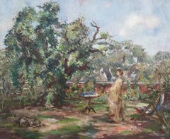 In the Garden, French school impressionist, original oil on canvas, figurative