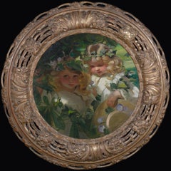 Antique "In The Ivy Leaves" Portrait Of Monica & Silvia, The Artists Daughters, 1900