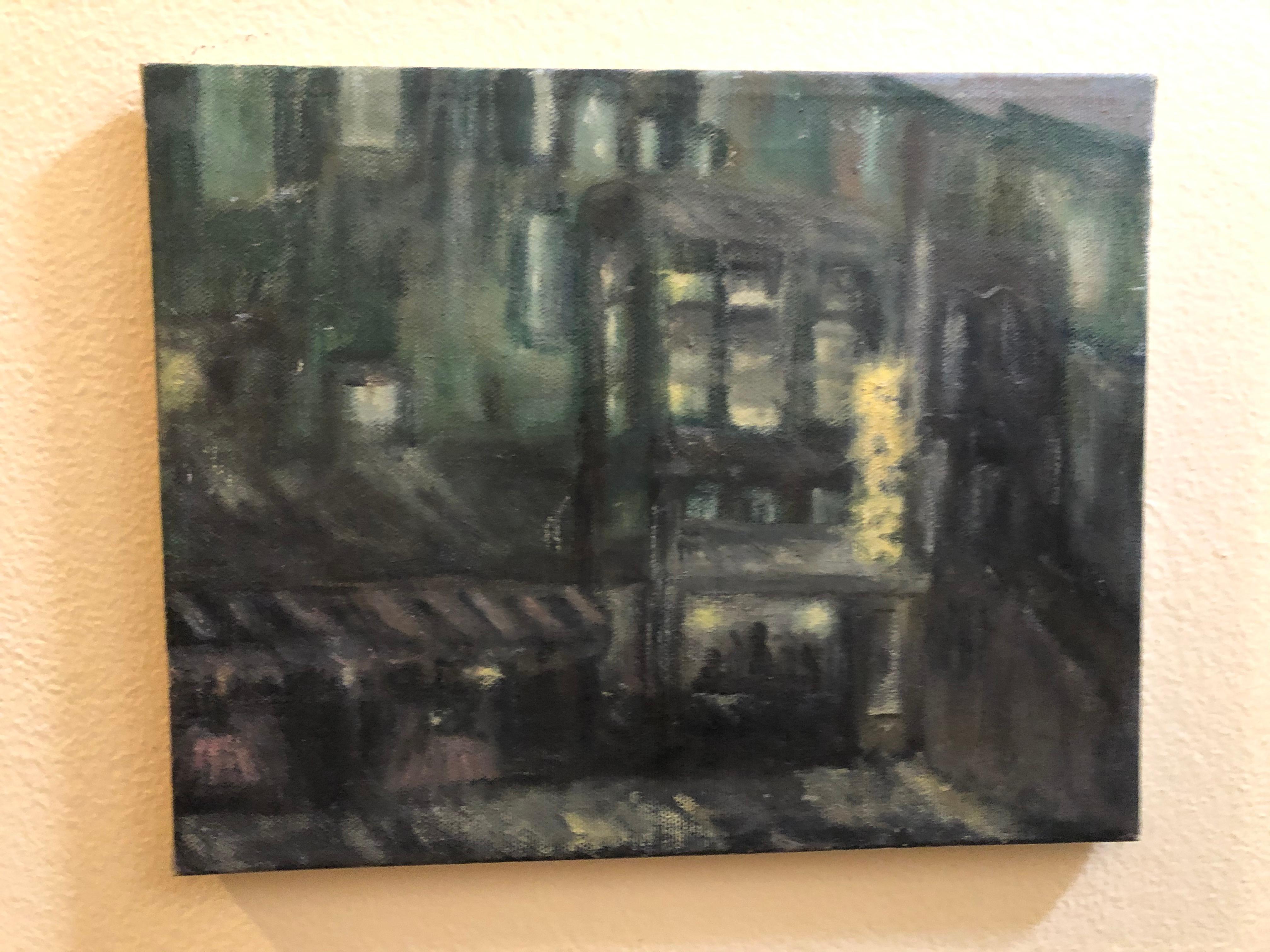 Neat little mystery oil on canvas. A moody street and cafe scene. It is in the style of the Ashcan School. It measures 1 inches wide by 8 high and is unframed. I t does not appear to be really old, possibly 1960s or 70s hard to tell.