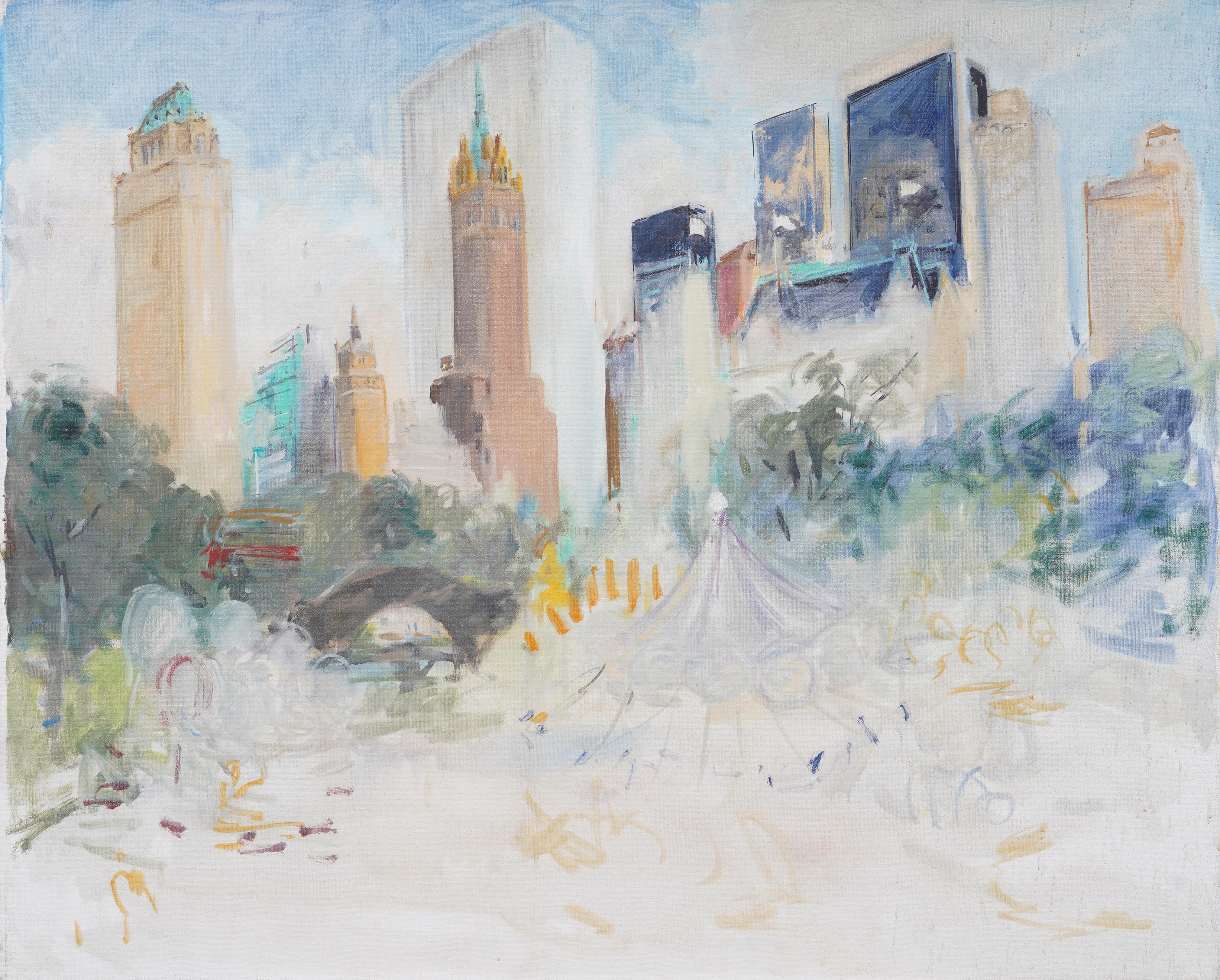 Incredible American Modernist New York City Central Park Plaza View Oil Painting For Sale 1
