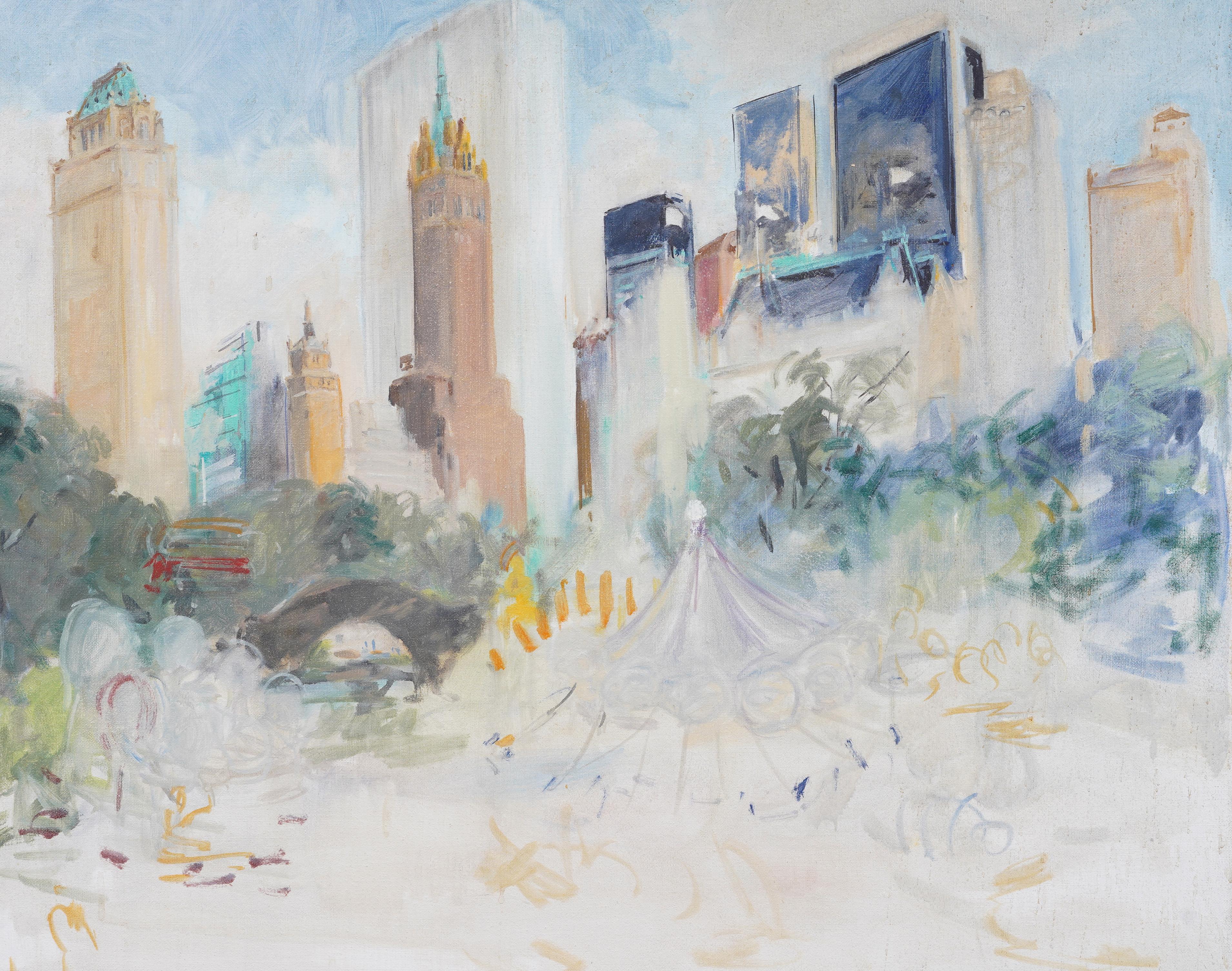 Incredible American Modernist New York City Central Park Plaza View Oil Painting For Sale 2