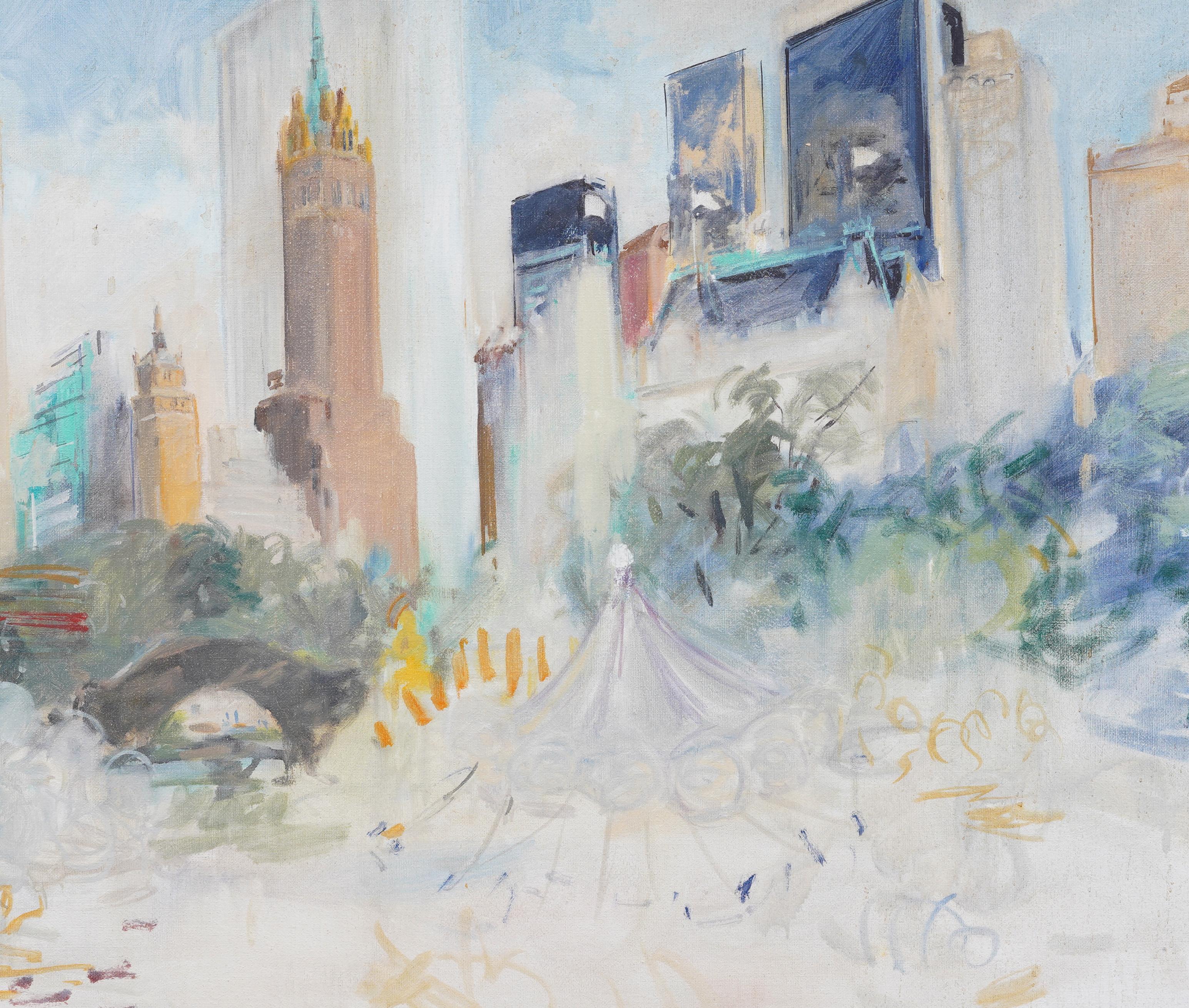 Incredible American Modernist New York City Central Park Plaza View Oil Painting For Sale 4
