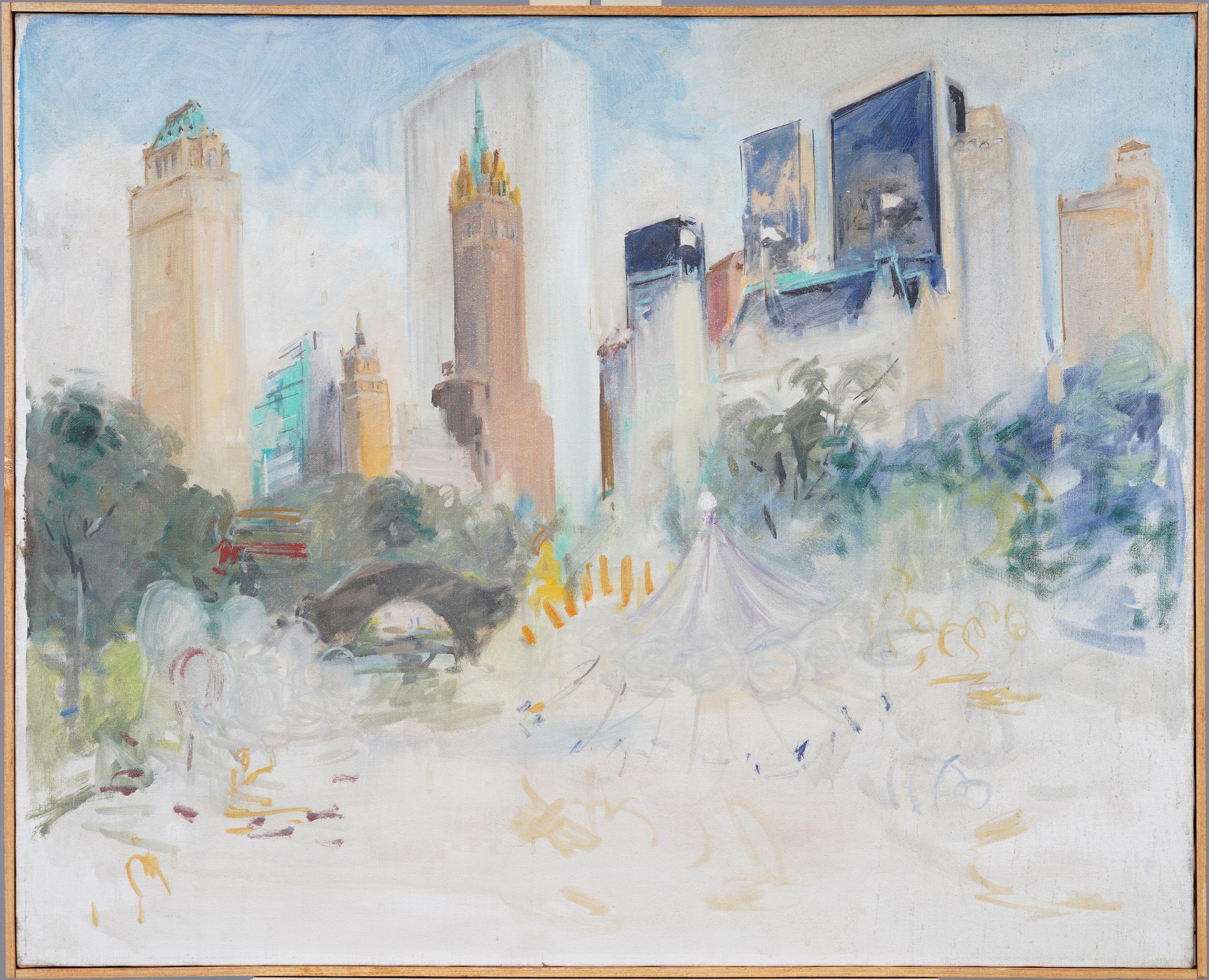 Incredible American Modernist New York City Central Park Plaza View Oil Painting