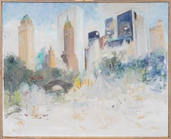 Incroyable peinture à l'huile moderniste américaine New York City Central Park Plaza View