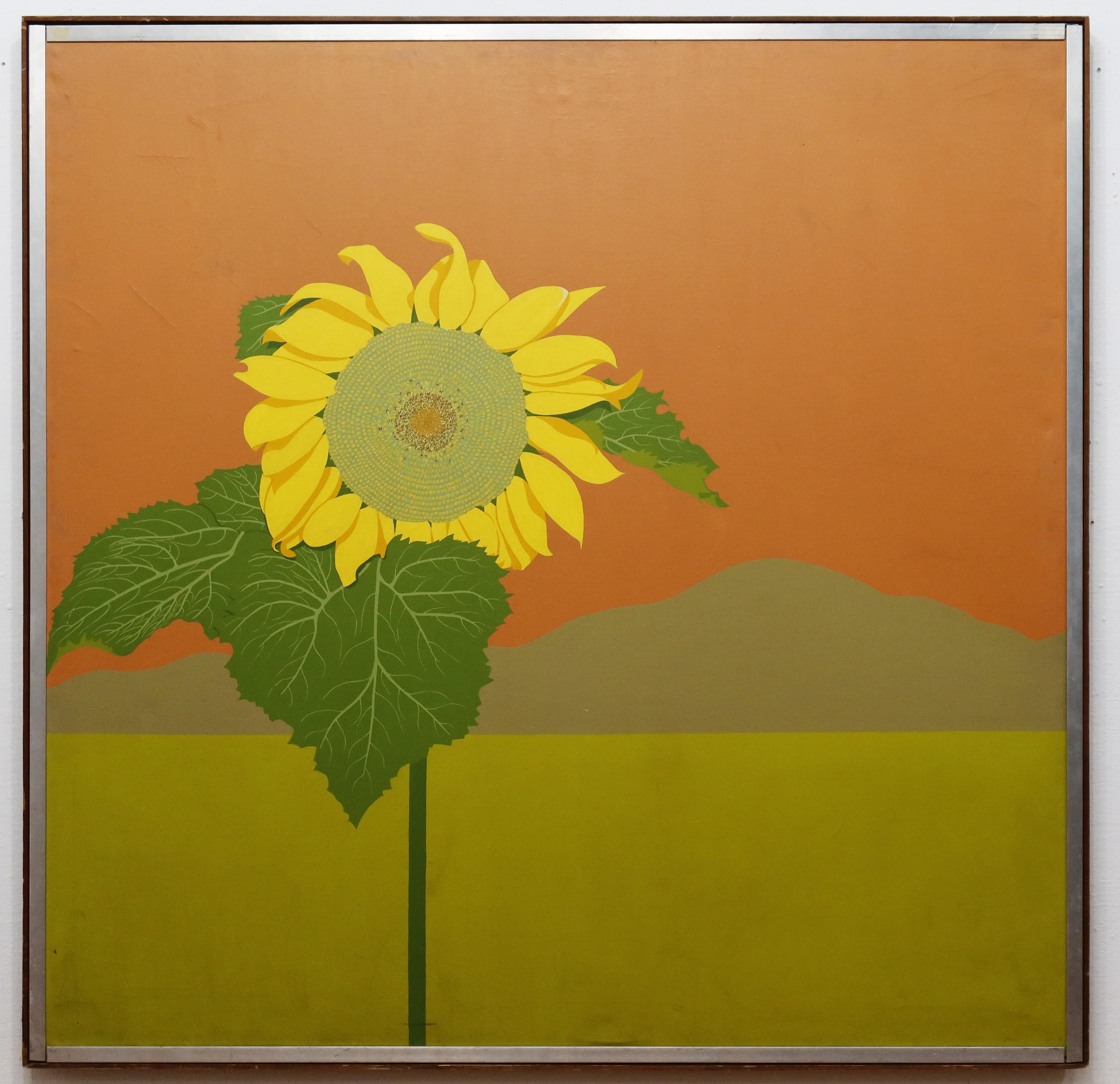 Wonderful antique American modernist Sunflower still life painting.  Oil on canvas.  Framed.  
