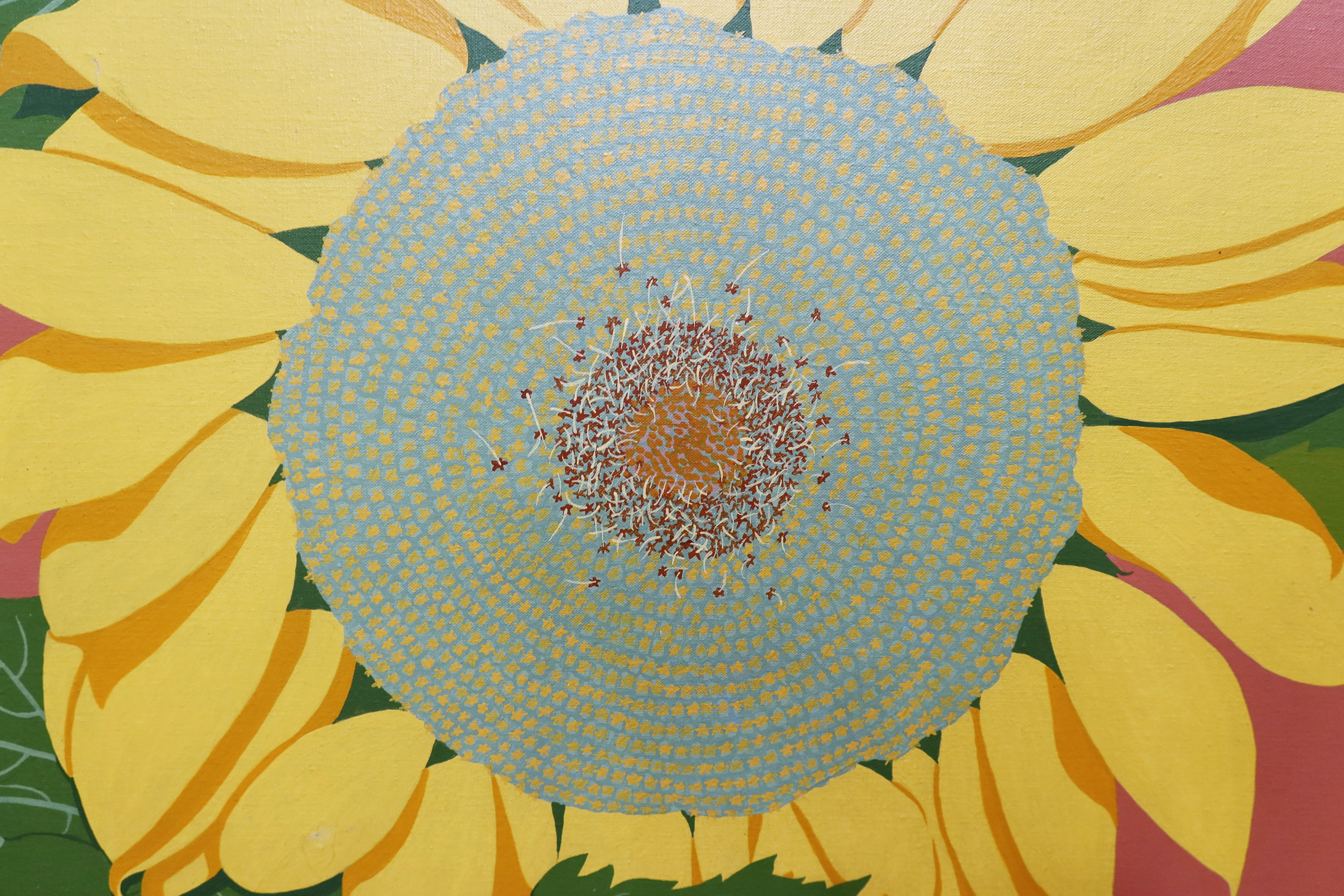 Incredible Large Modernist Sunflower Portrait Framed Still Life Oil Painting For Sale 4