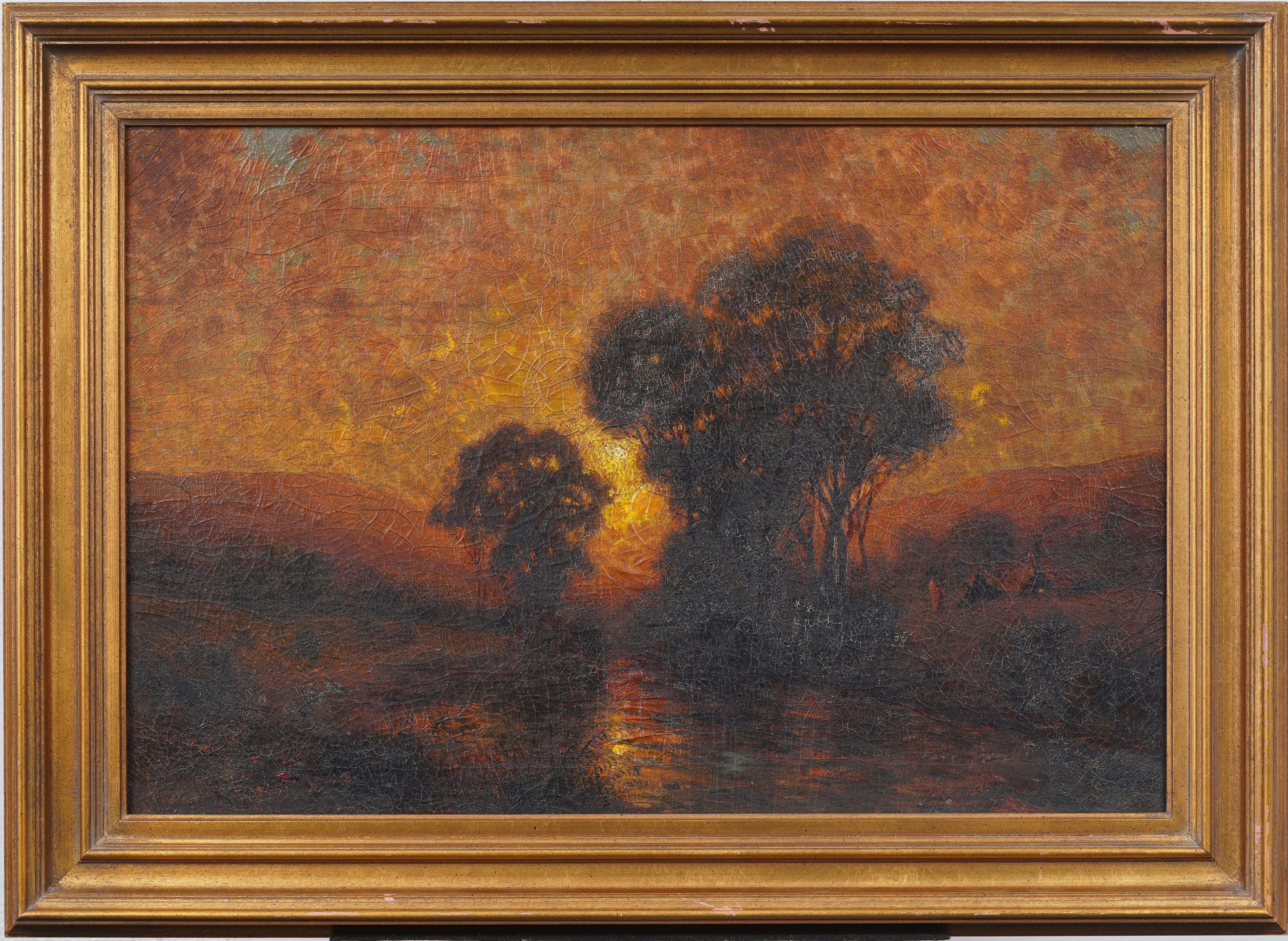 Increíble Paisaje Luminoso de la Puesta de Sol Pintura al óleo enmarcada de paisajes del siglo XIX - Painting de Unknown