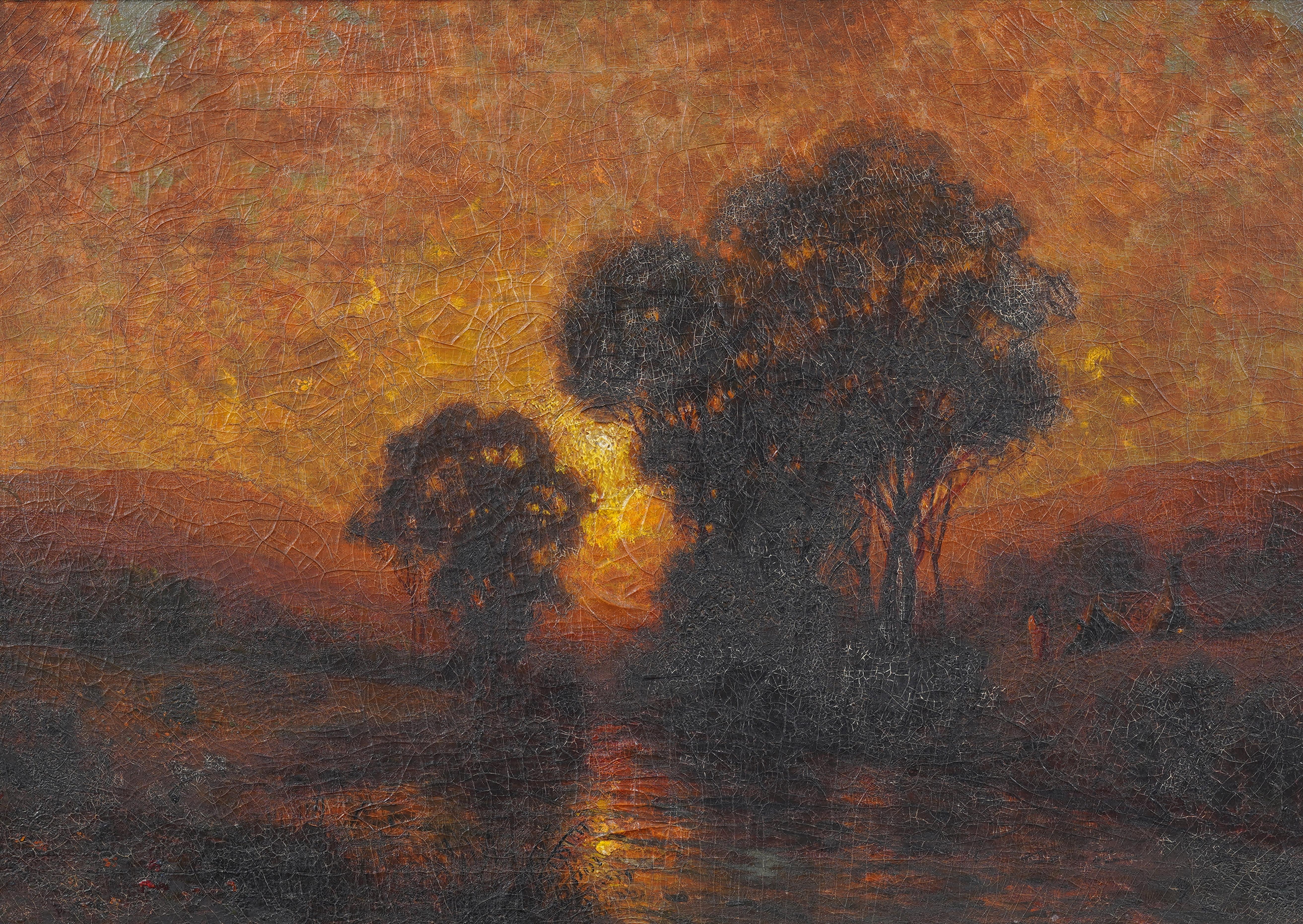 Increíble Paisaje Luminoso de la Puesta de Sol Pintura al óleo enmarcada de paisajes del siglo XIX - Landscape Painting Marrón de Unknown