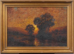 Increíble Paisaje Luminoso de la Puesta de Sol Pintura al óleo enmarcada de paisajes del siglo XIX