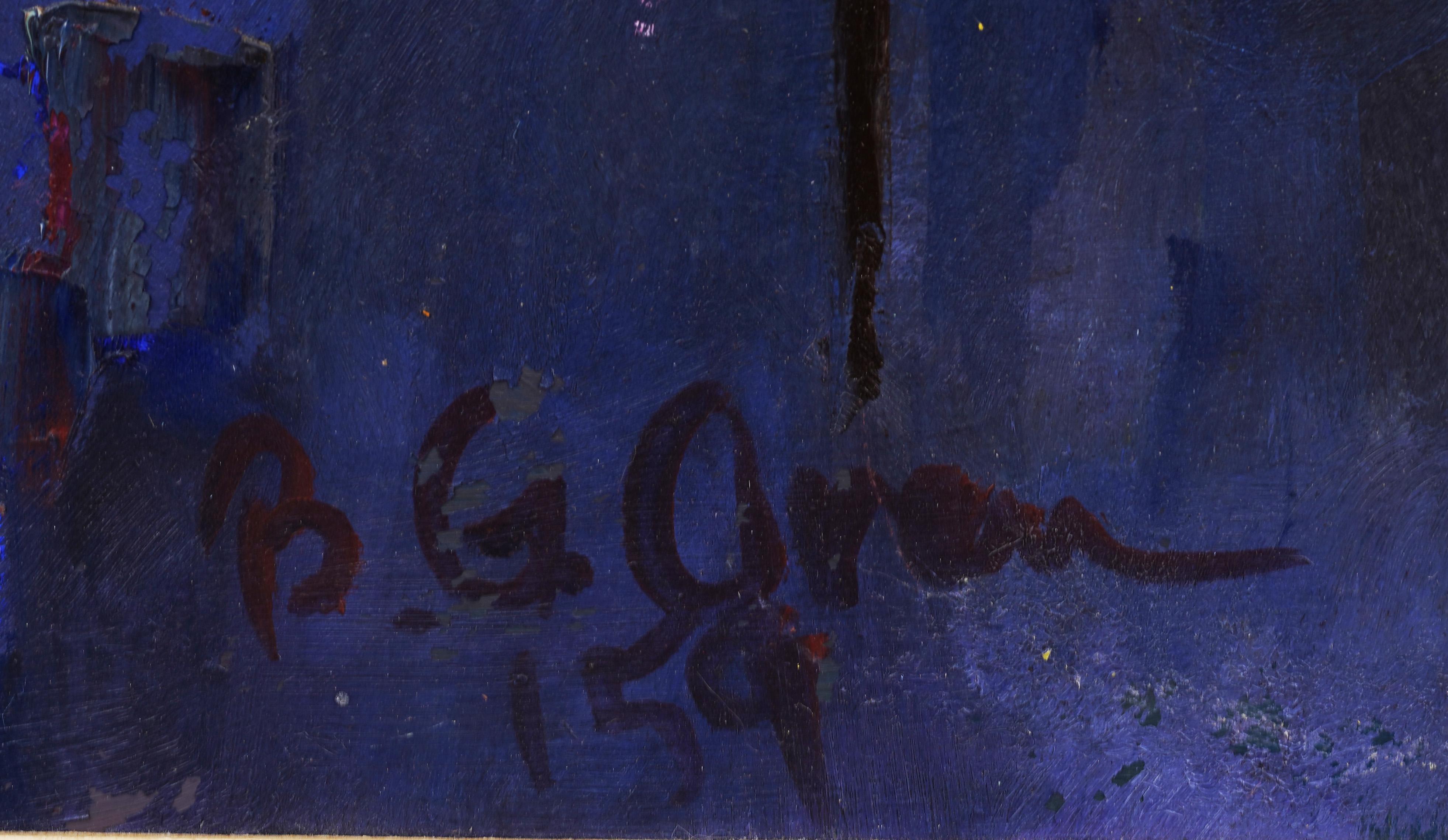 Incroyable peinture à l'huile signée d'un artiste abstrait du milieu du siècle, vue d'un studio d'intérieur en vente 2