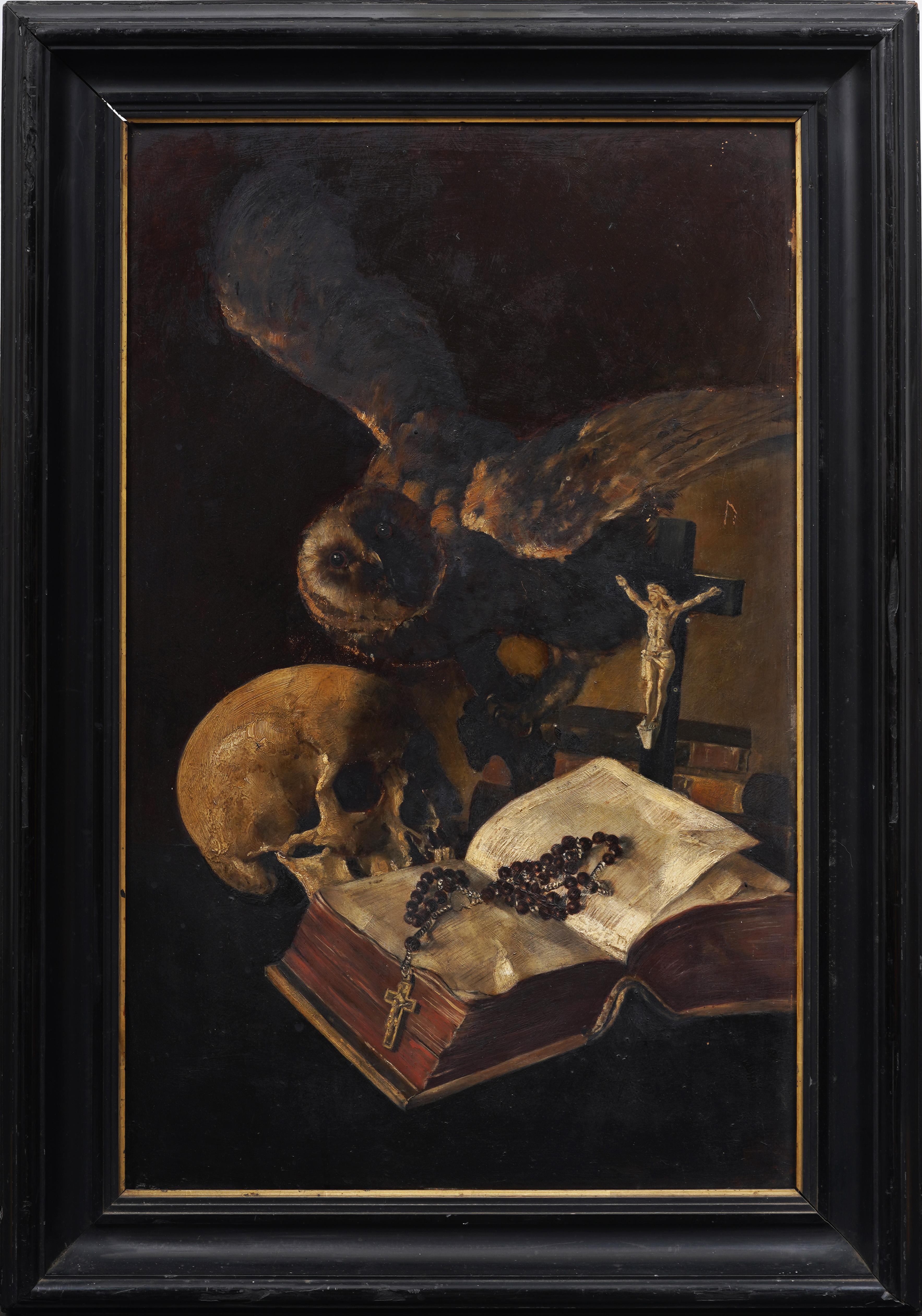 Increíble Momento Mori Antiguo Cráneo y Búho Bodegón Simbolista Pintura al Óleo - Painting de Unknown