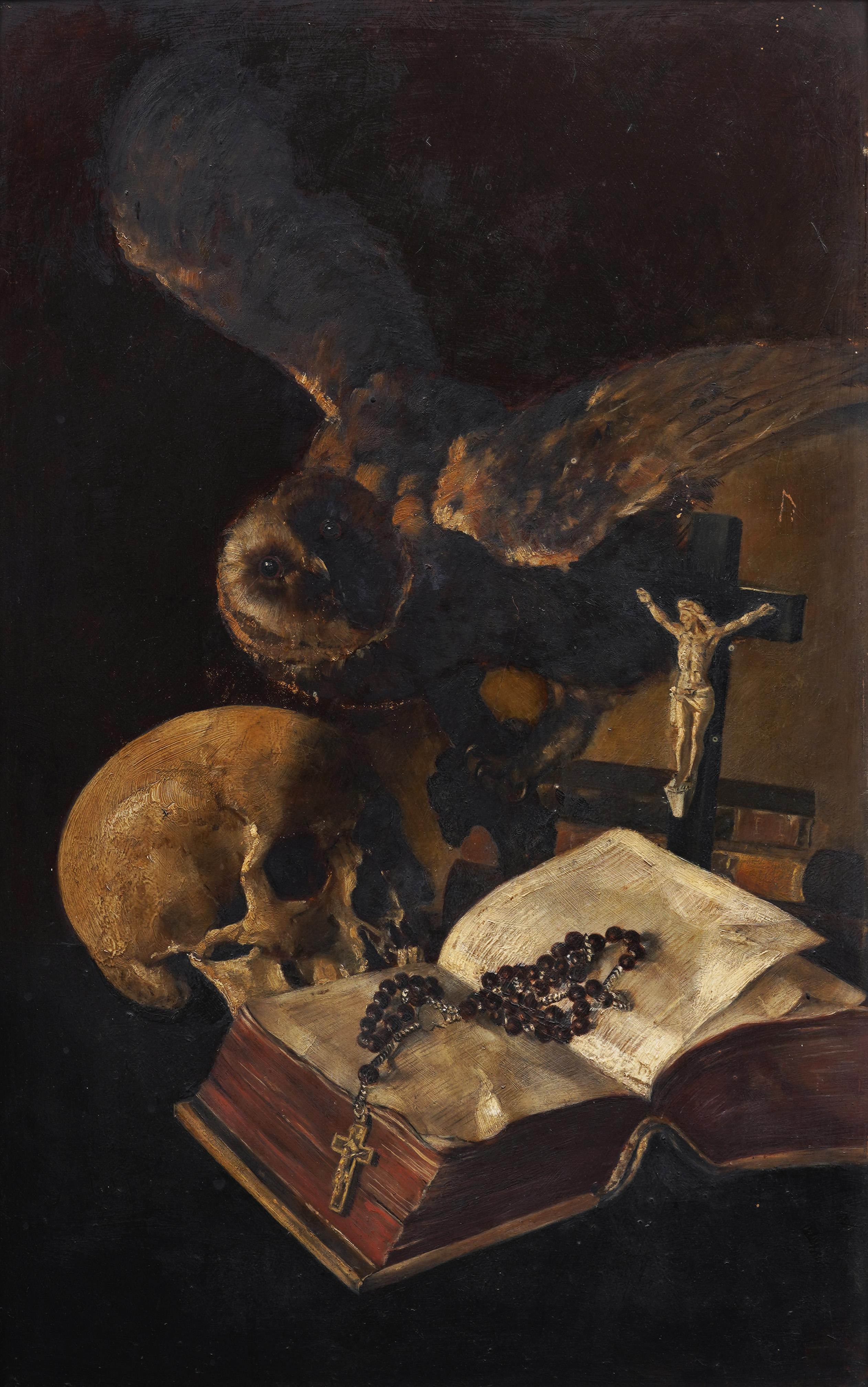 Increíble Momento Mori Antiguo Cráneo y Búho Bodegón Simbolista Pintura al Óleo - Painting Realista de Unknown