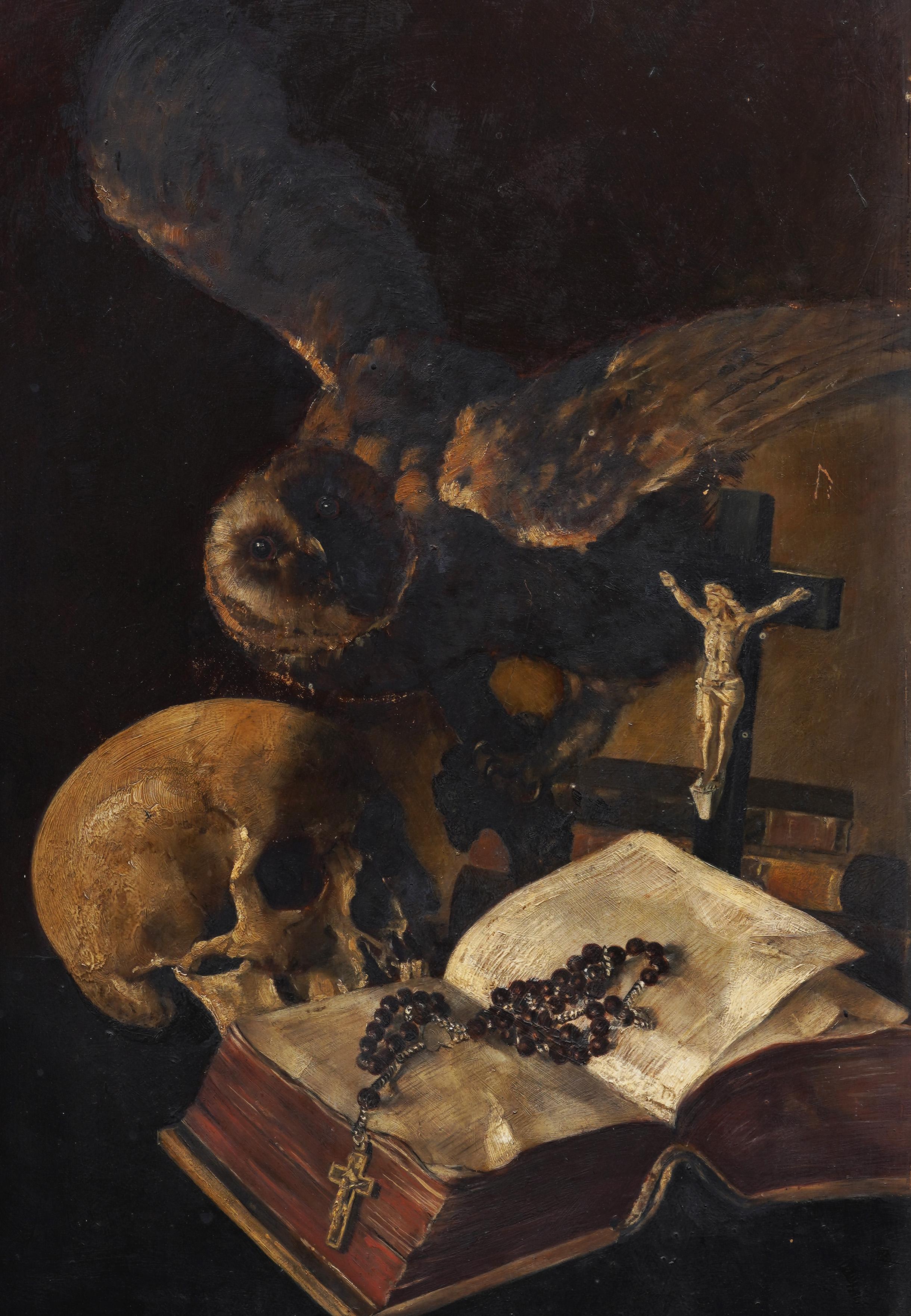 Increíble Momento Mori Antiguo Cráneo y Búho Bodegón Simbolista Pintura al Óleo - Animal Painting Negro de Unknown