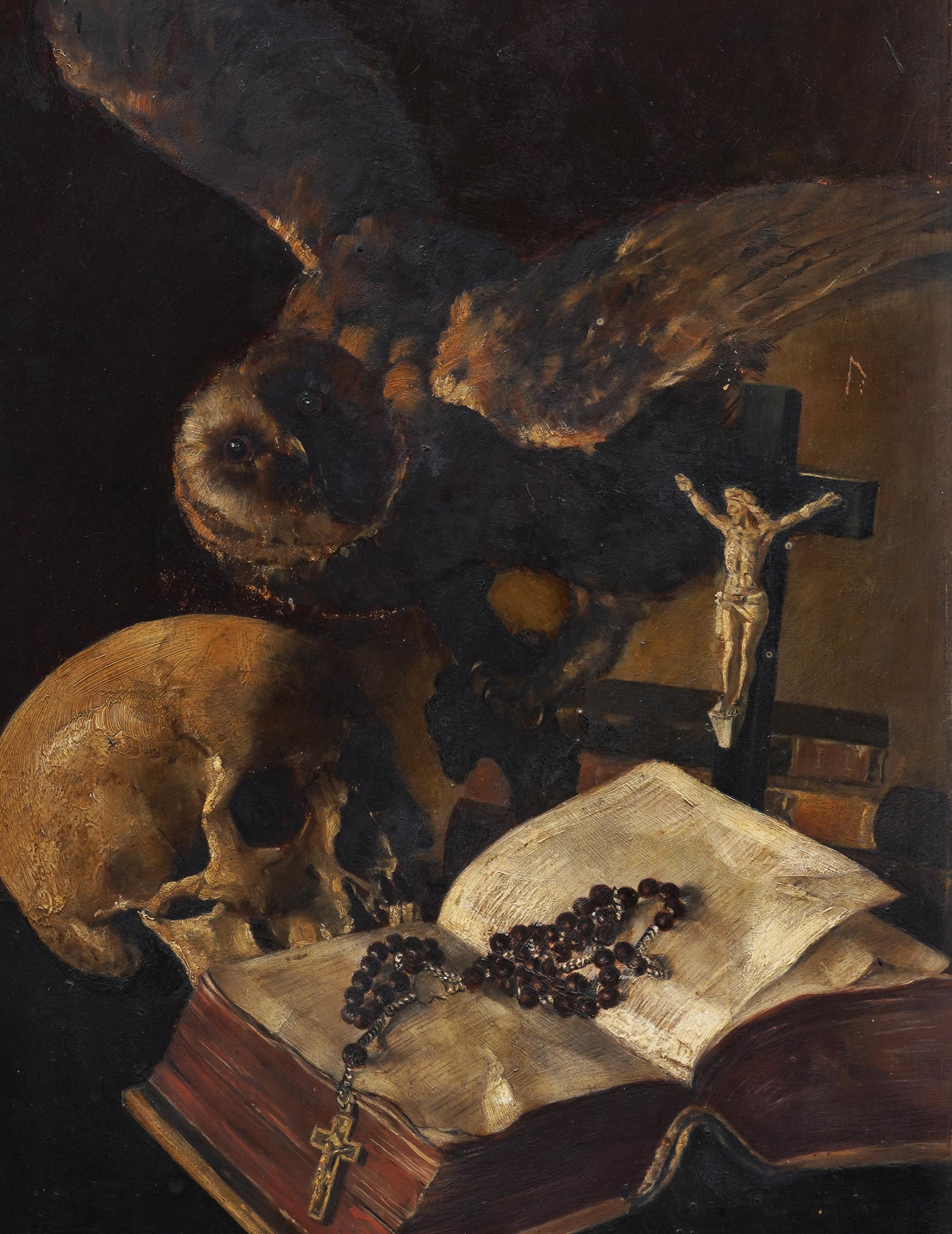 Maravilloso y raro bodegón de Momento Mori.  Muy finamente pintado e impresionante en persona.  Increíble detalle en la composición.  Alojada en un marco de época.  Listo para colgar.  Óleo sobre tabla