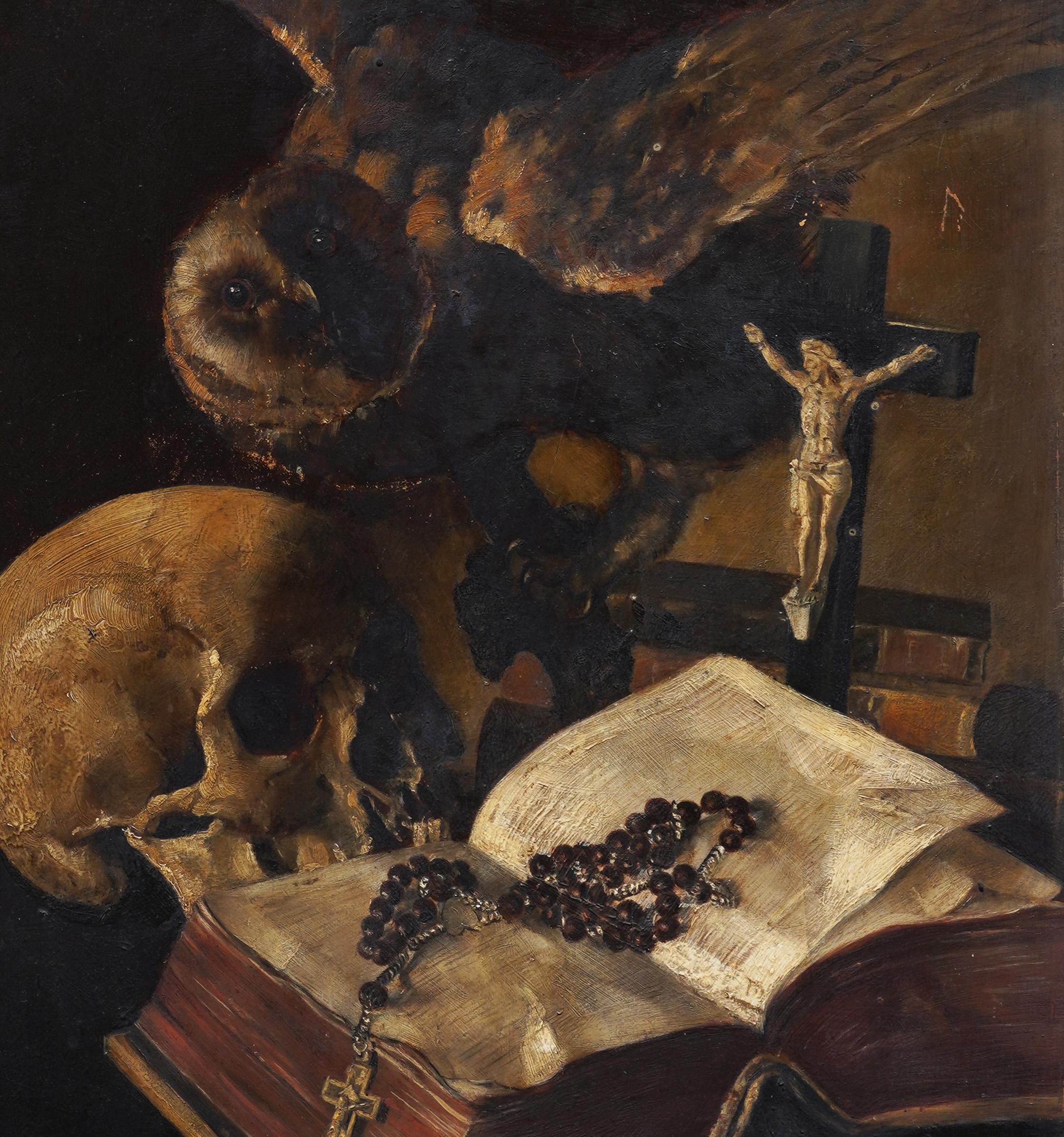 Increíble Momento Mori Antiguo Cráneo y Búho Bodegón Simbolista Pintura al Óleo 1