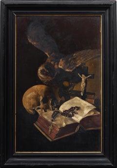 Increíble Momento Mori Antiguo Cráneo y Búho Bodegón Simbolista Pintura al Óleo