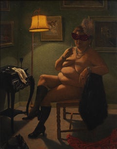 Incredible Realist Nude Woman Masquerade Framed Interior Scene Oil Painting
