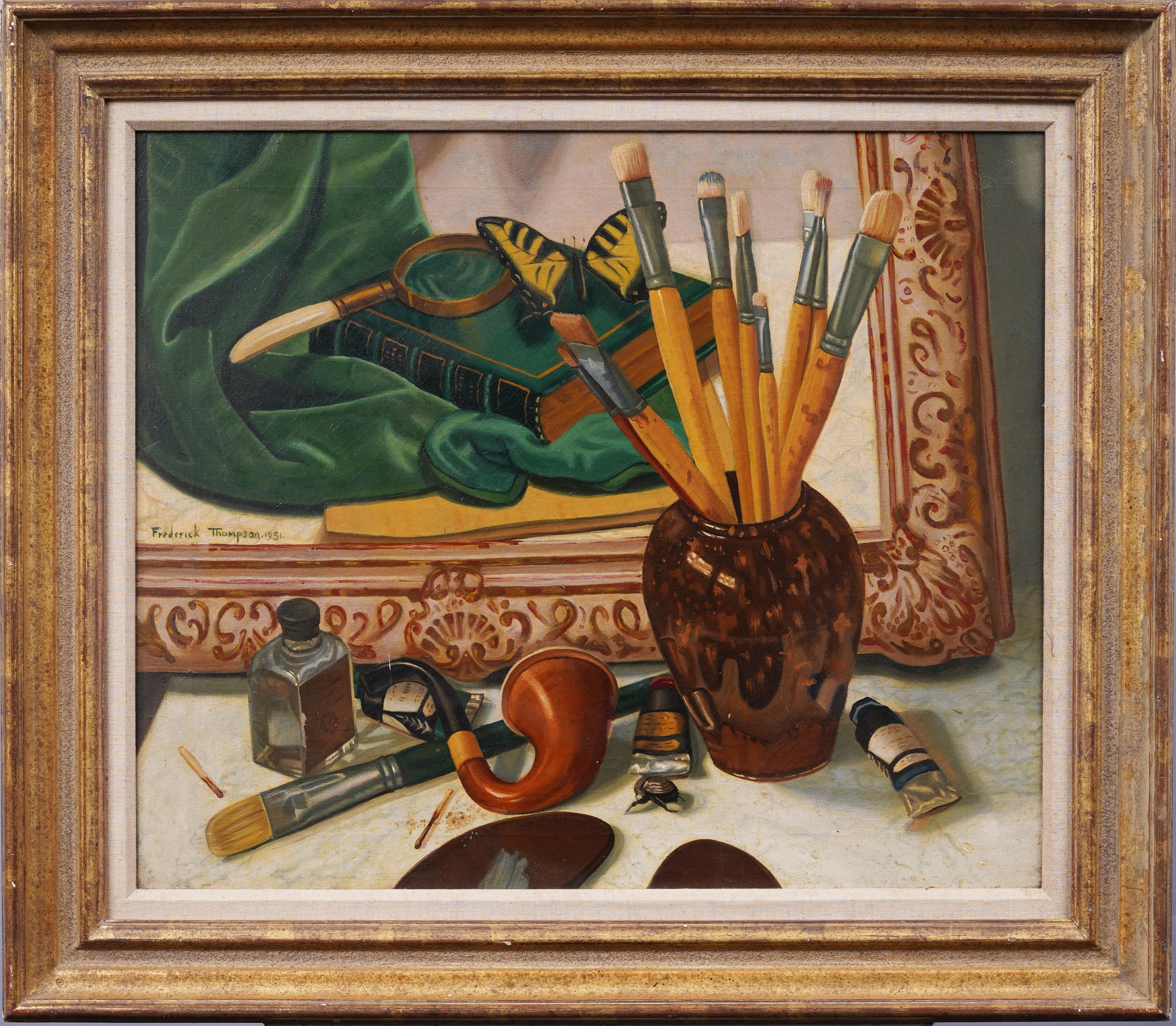 Increíble Trompe L'Oeil Artista Studio A Naturaleza Muerta Mariposa Pintura al Óleo Enmarcada - Painting de Unknown