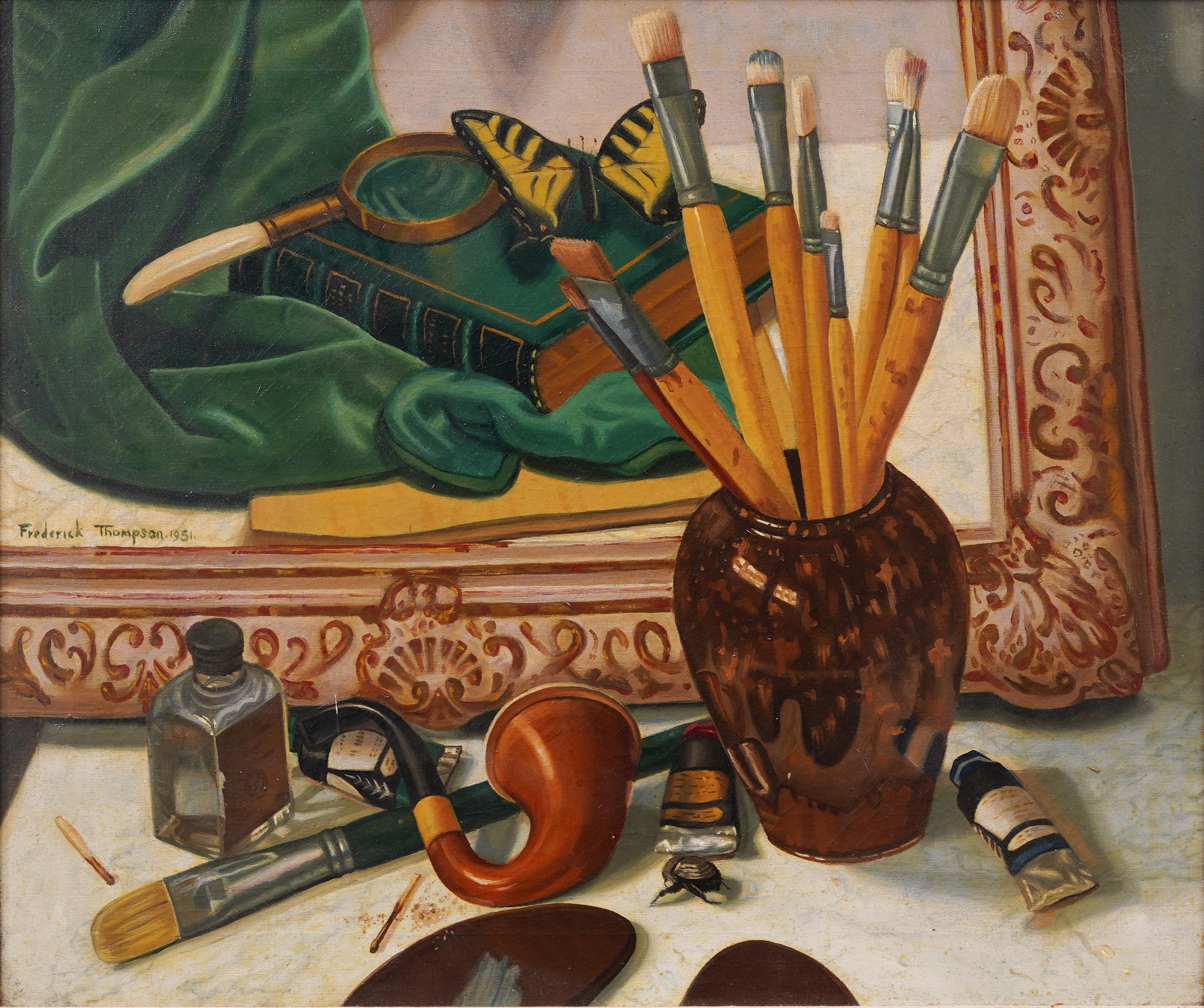 Increíble Trompe L'Oeil Artista Studio A Naturaleza Muerta Mariposa Pintura al Óleo Enmarcada - Painting Realista de Unknown