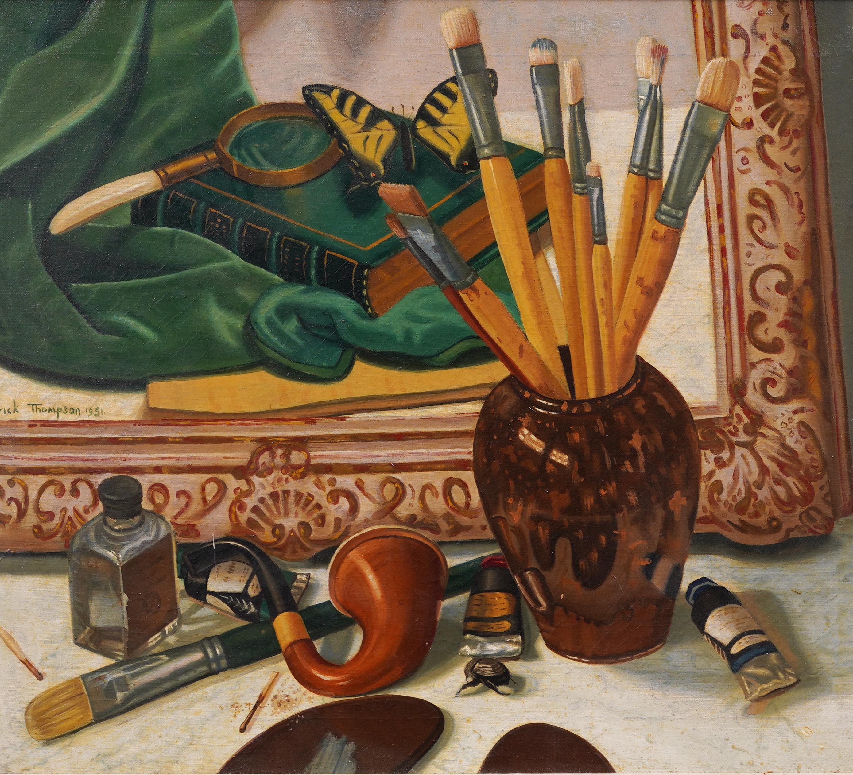 Increíble Trompe L'Oeil Artista Studio A Naturaleza Muerta Mariposa Pintura al Óleo Enmarcada - Interior Painting Marrón de Unknown