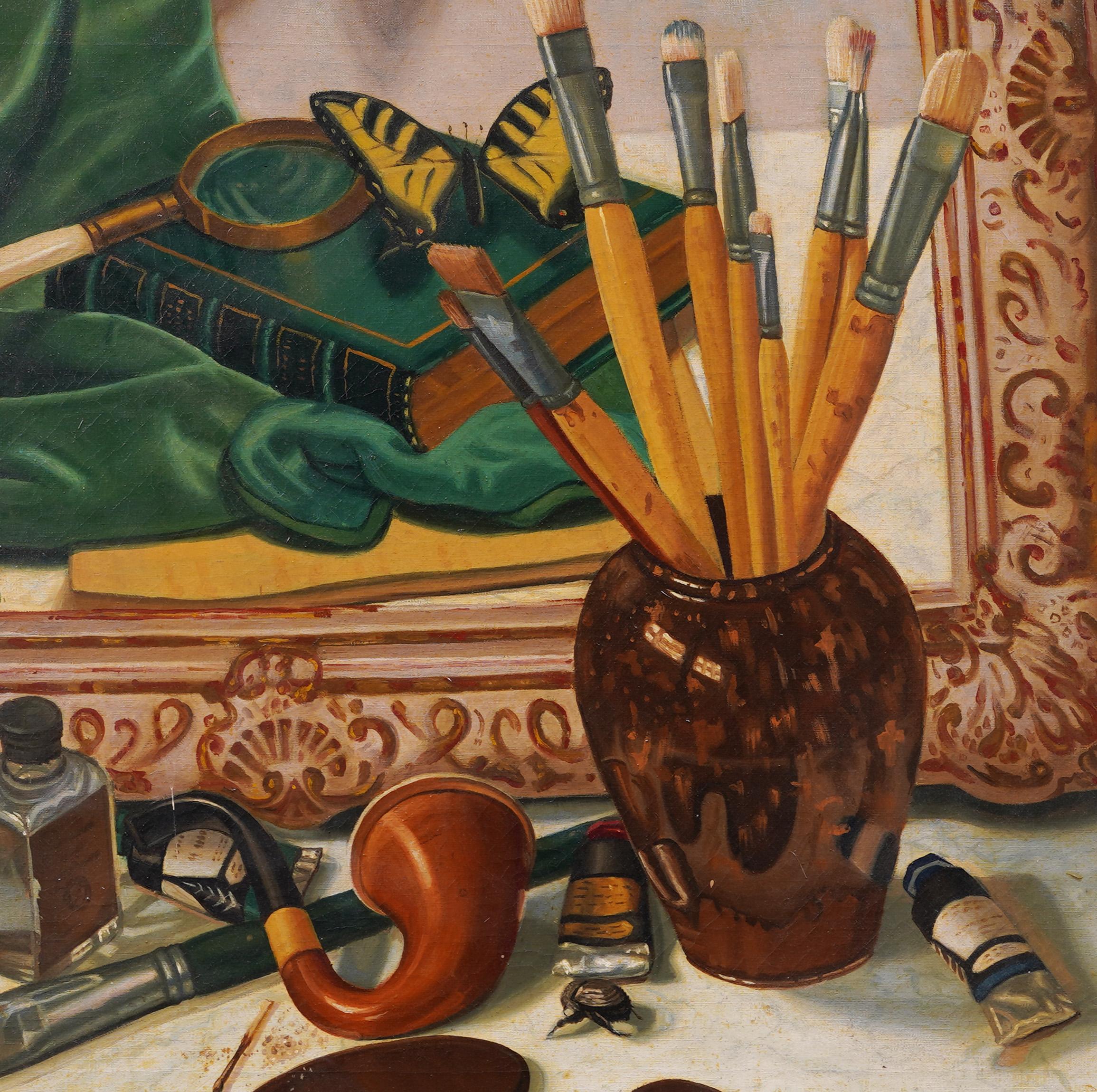 Increíble Trompe L'Oeil Artista Studio A Naturaleza Muerta Mariposa Pintura al Óleo Enmarcada en venta 1