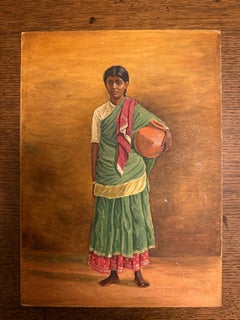 Inde Madras Peinture sur carton Portrait d'une servante avec un pot c 1910