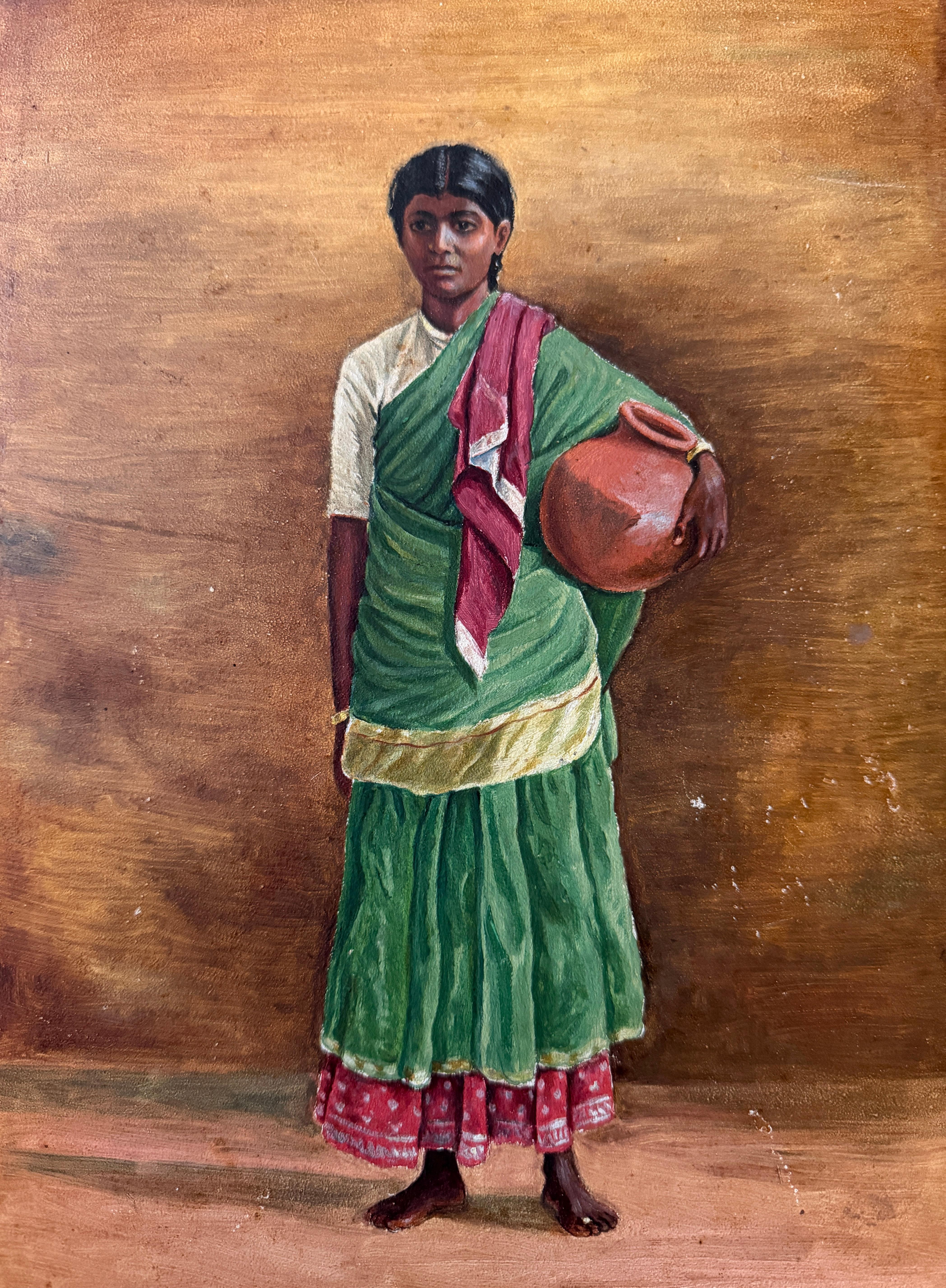 India Madras Painting on board Portrait of Serving Girl with Pot c 1910