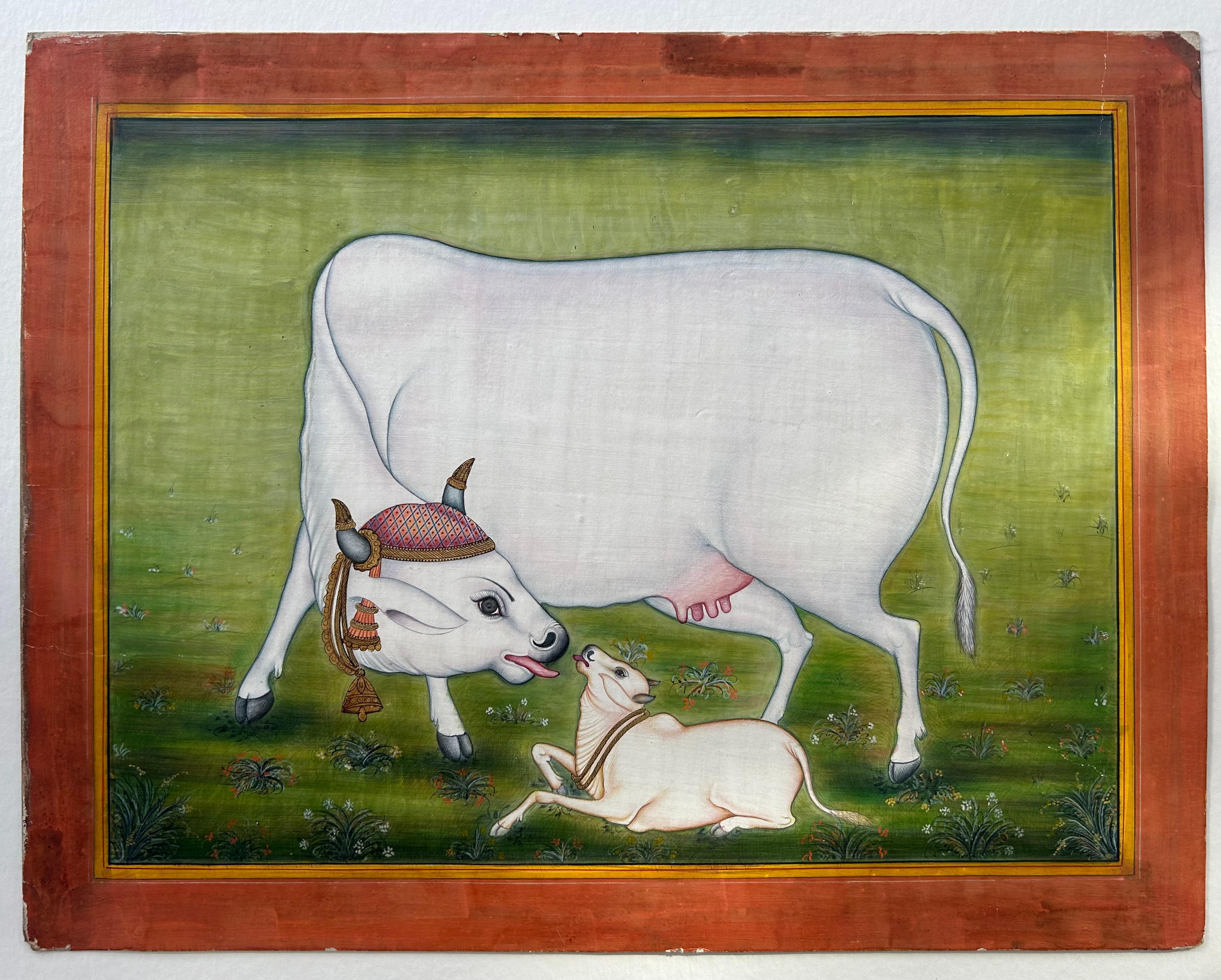 India Pintura Miniatura Vaca Becerro Pigmentos Naturales Jaipur Escuela Artista Listado - Painting de Unknown
