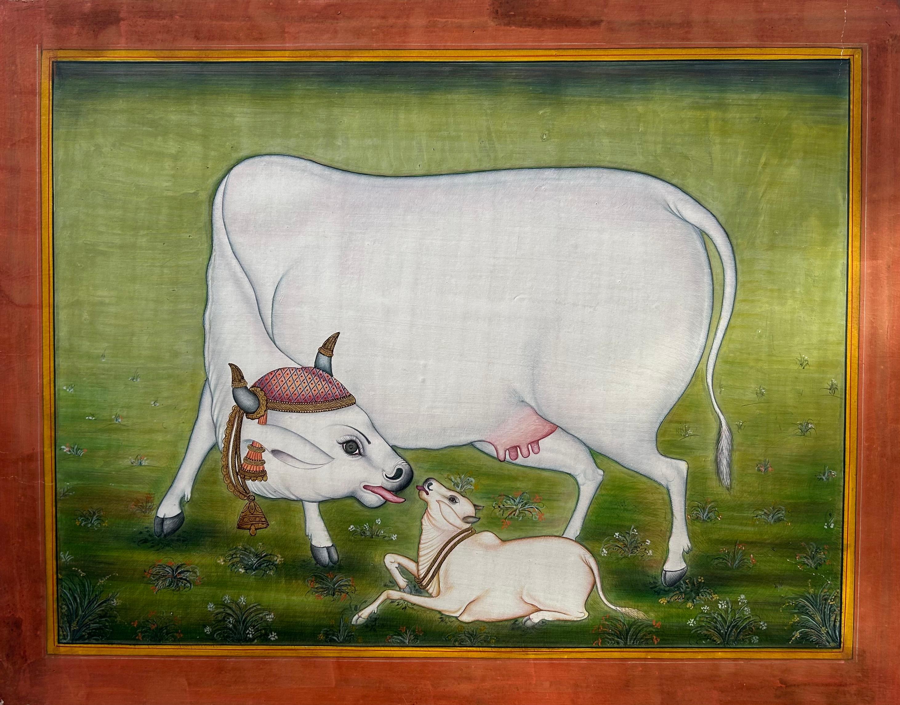 Landscape Painting de Unknown - India Pintura Miniatura Vaca Becerro Pigmentos Naturales Jaipur Escuela Artista Listado