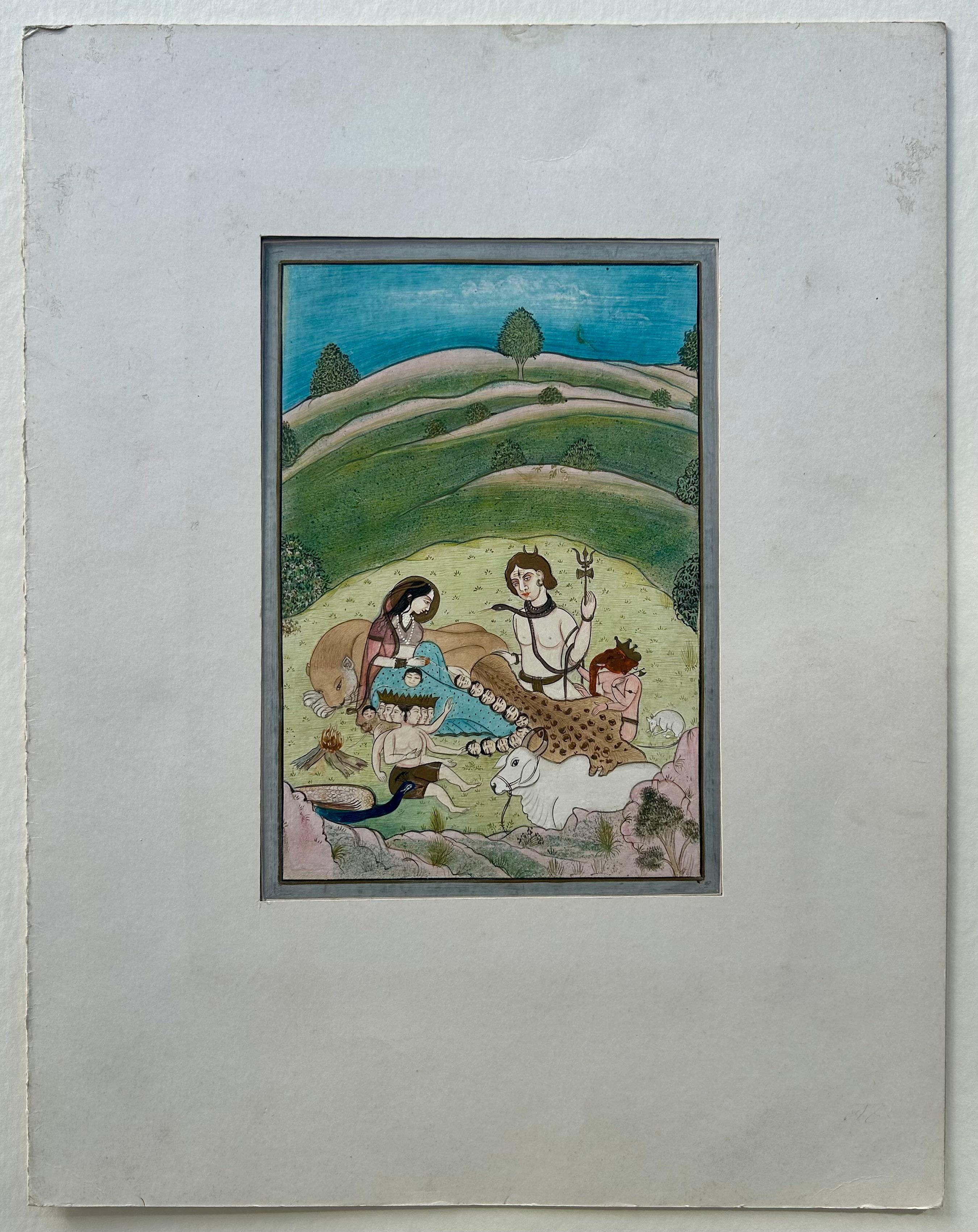 Pintura en miniatura de la India Escuela Pahari Finales del siglo XIX Escena mitológica en el bosque - Painting de Unknown