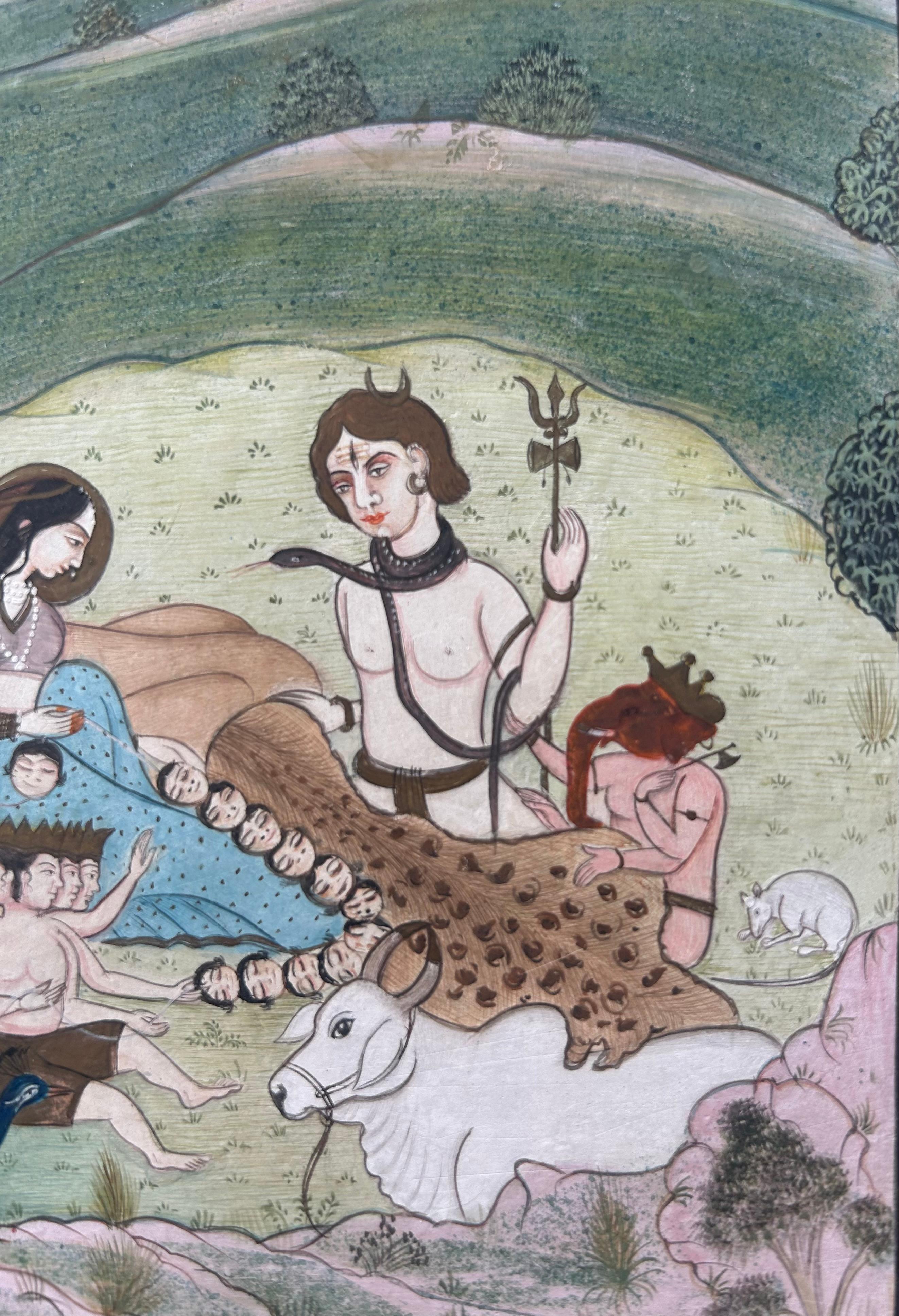 Pintura en miniatura de la India Escuela Pahari Finales del siglo XIX Escena mitológica en el bosque - Figurative Painting Gris de Unknown