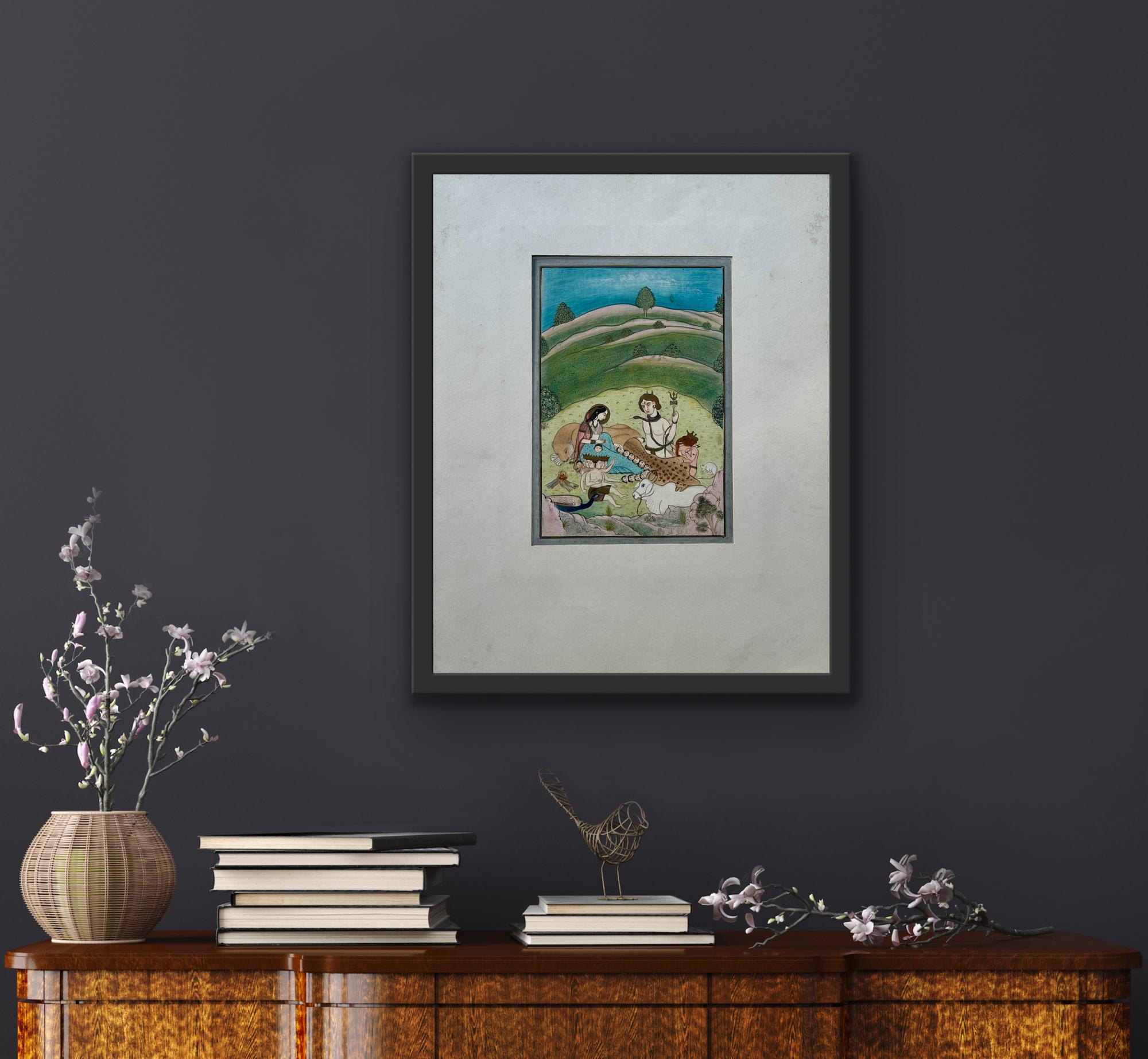 Pintura en miniatura de la India Escuela Pahari Finales del siglo XIX Escena mitológica en el bosque en venta 1