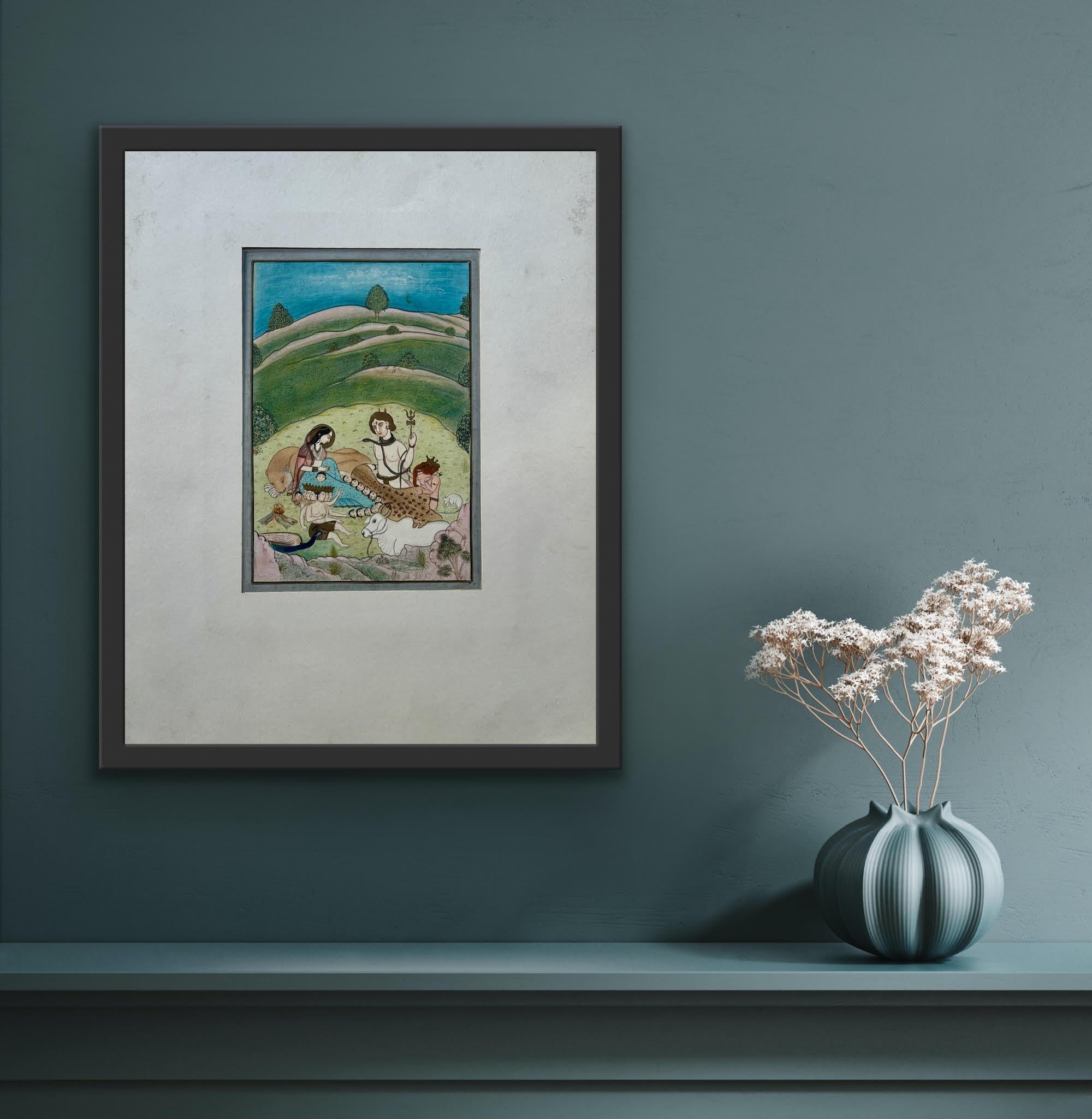 Pintura en miniatura de la India Escuela Pahari Finales del siglo XIX Escena mitológica en el bosque en venta 2