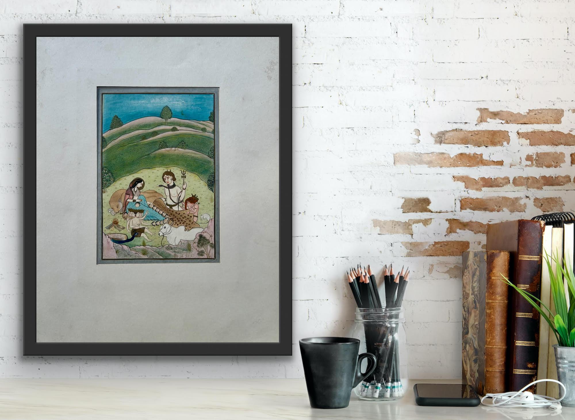 Pintura en miniatura de la India Escuela Pahari Finales del siglo XIX Escena mitológica en el bosque en venta 3