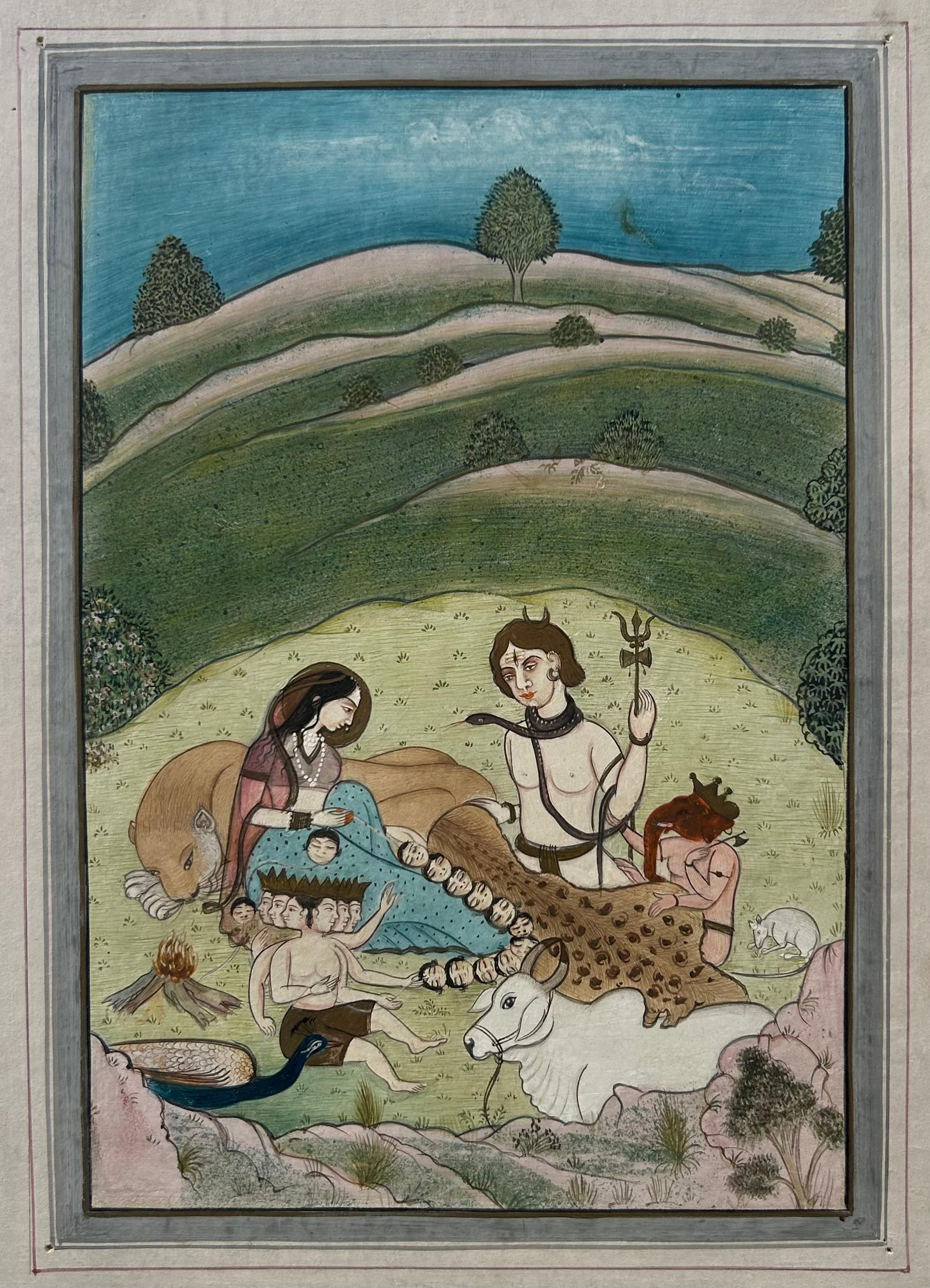 Figurative Painting de Unknown - Pintura en miniatura de la India Escuela Pahari Finales del siglo XIX Escena mitológica en el bosque