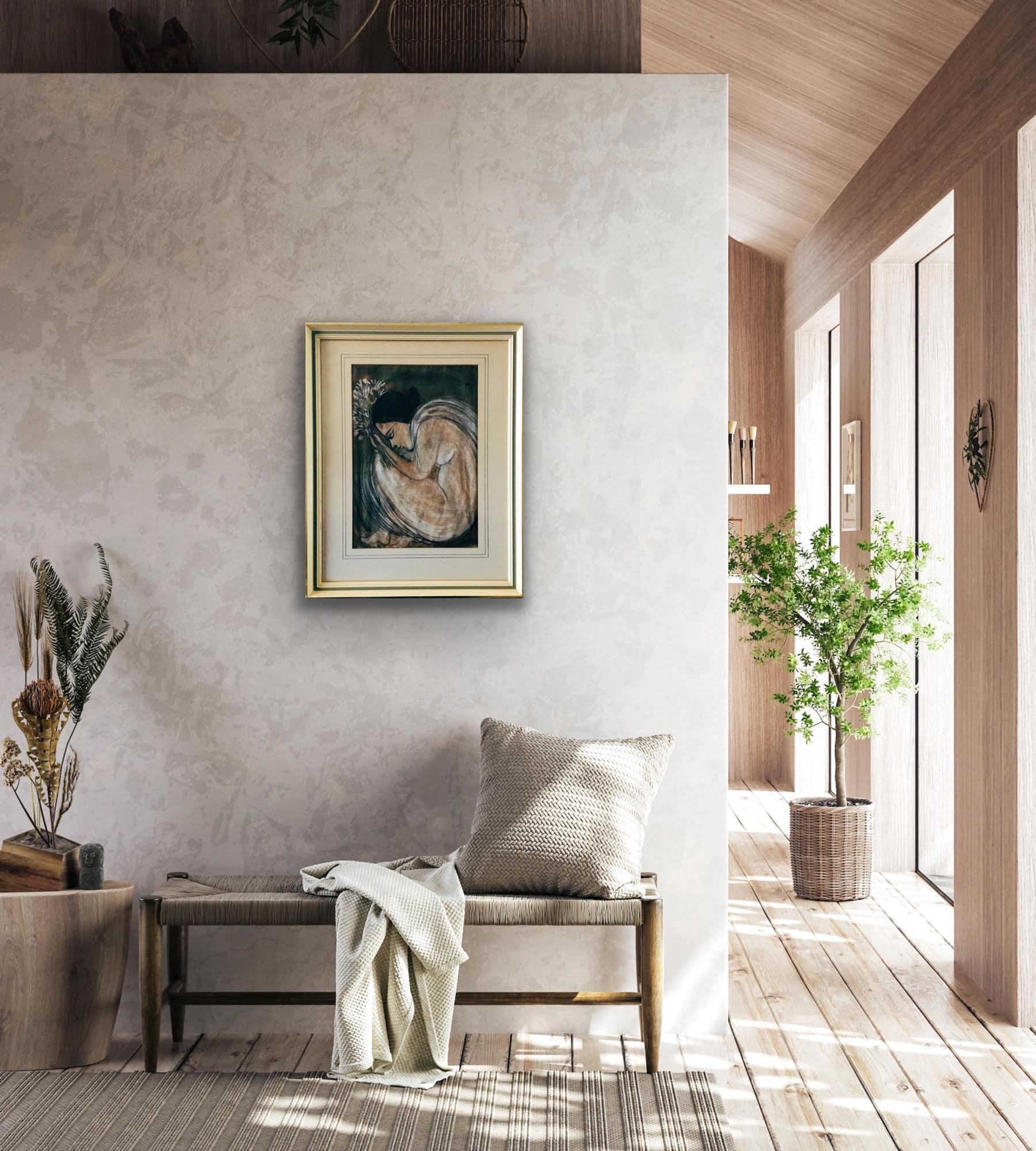 India Pittura moderna contemporanea Ragazza con fiori firmata indistintamente 5