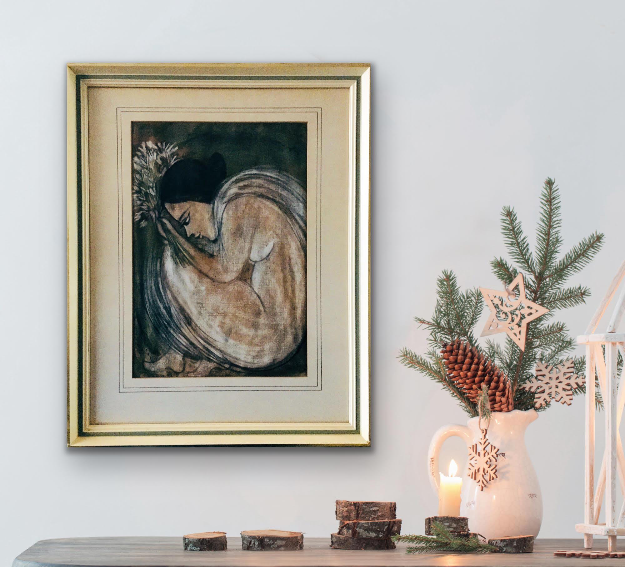 India Pittura moderna contemporanea Ragazza con fiori firmata indistintamente 7