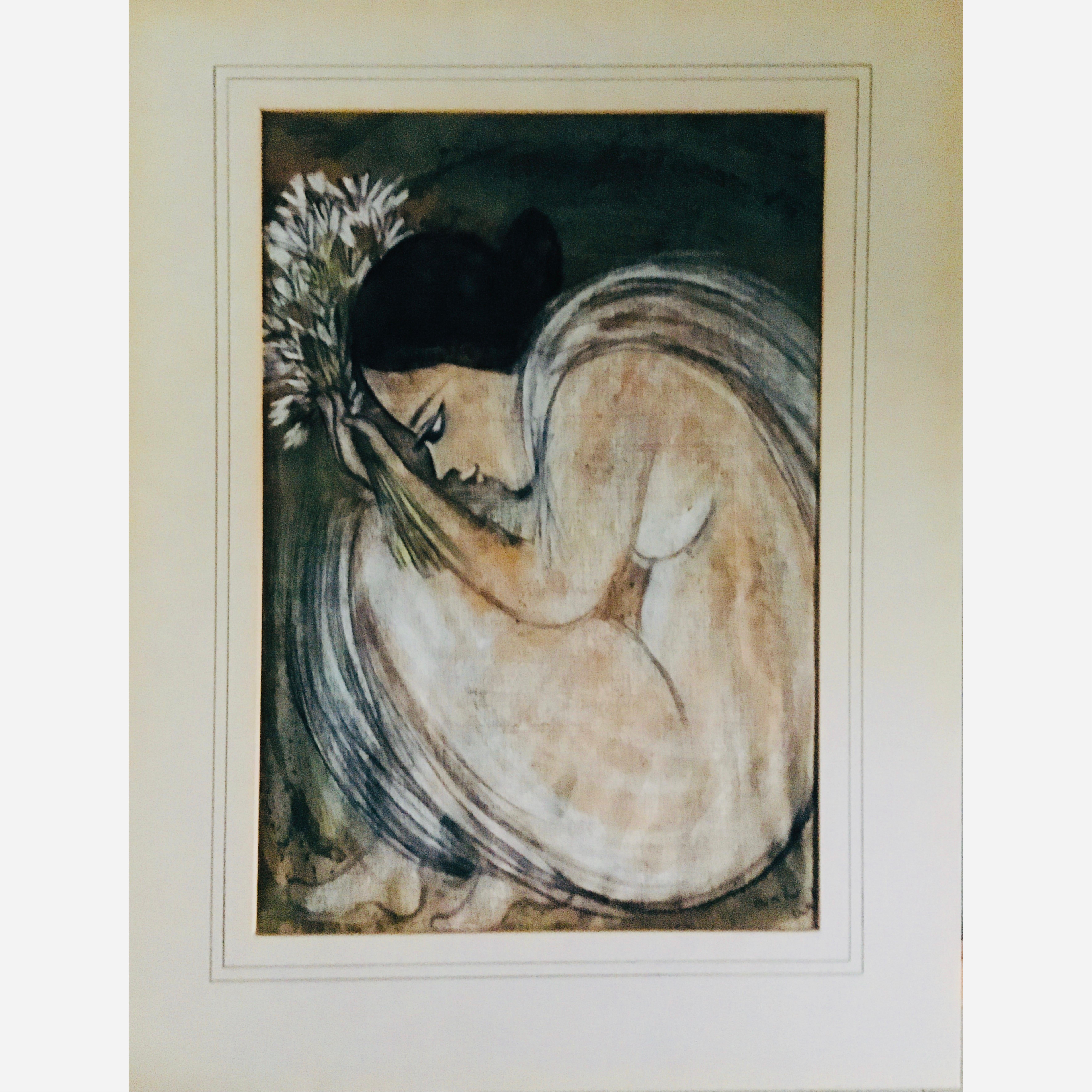 India Pittura moderna contemporanea Ragazza con fiori firmata indistintamente - Painting di Unknown