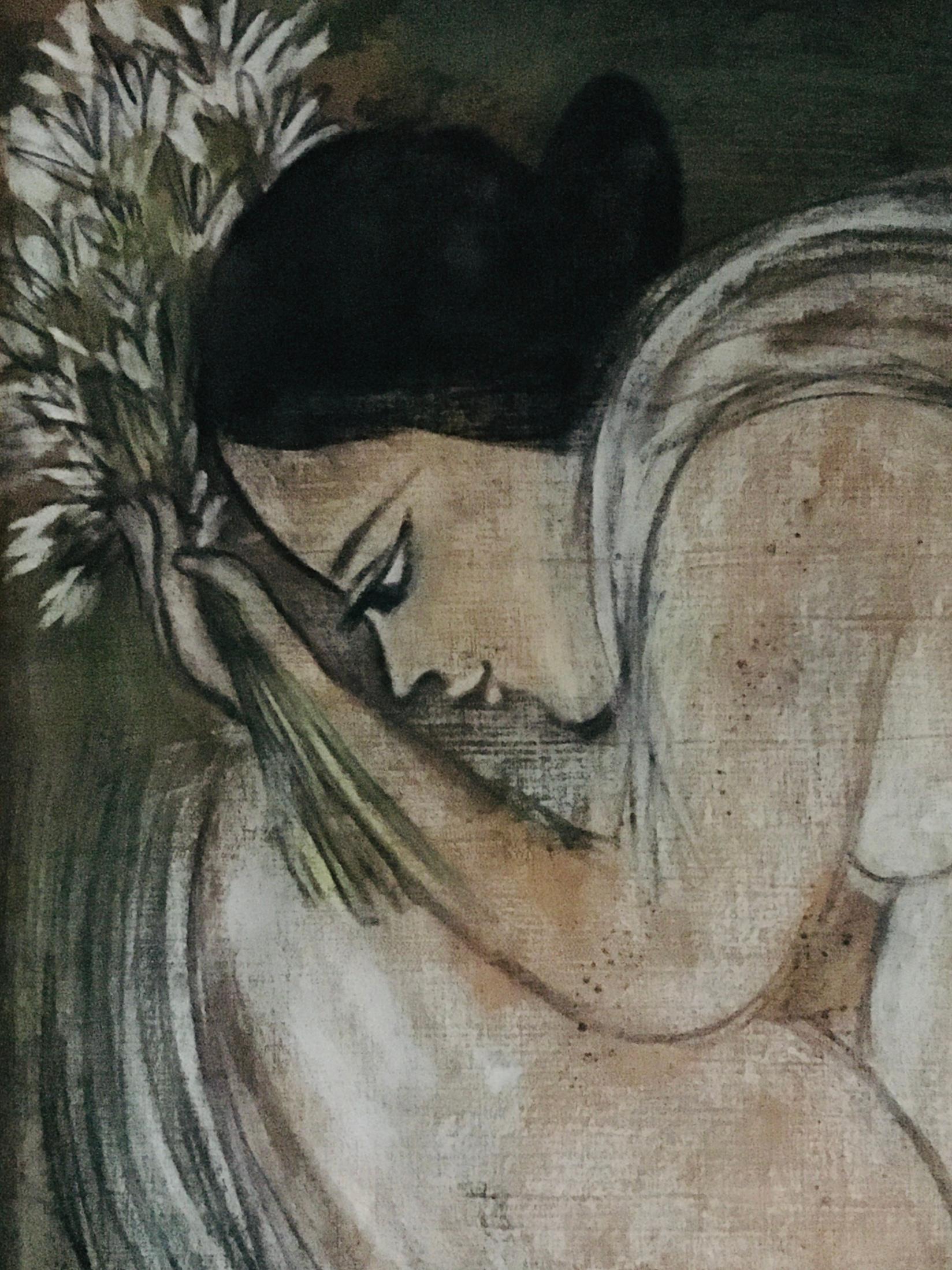 India Pittura moderna contemporanea Ragazza con fiori firmata indistintamente - Painting Altro stile artistico di Unknown