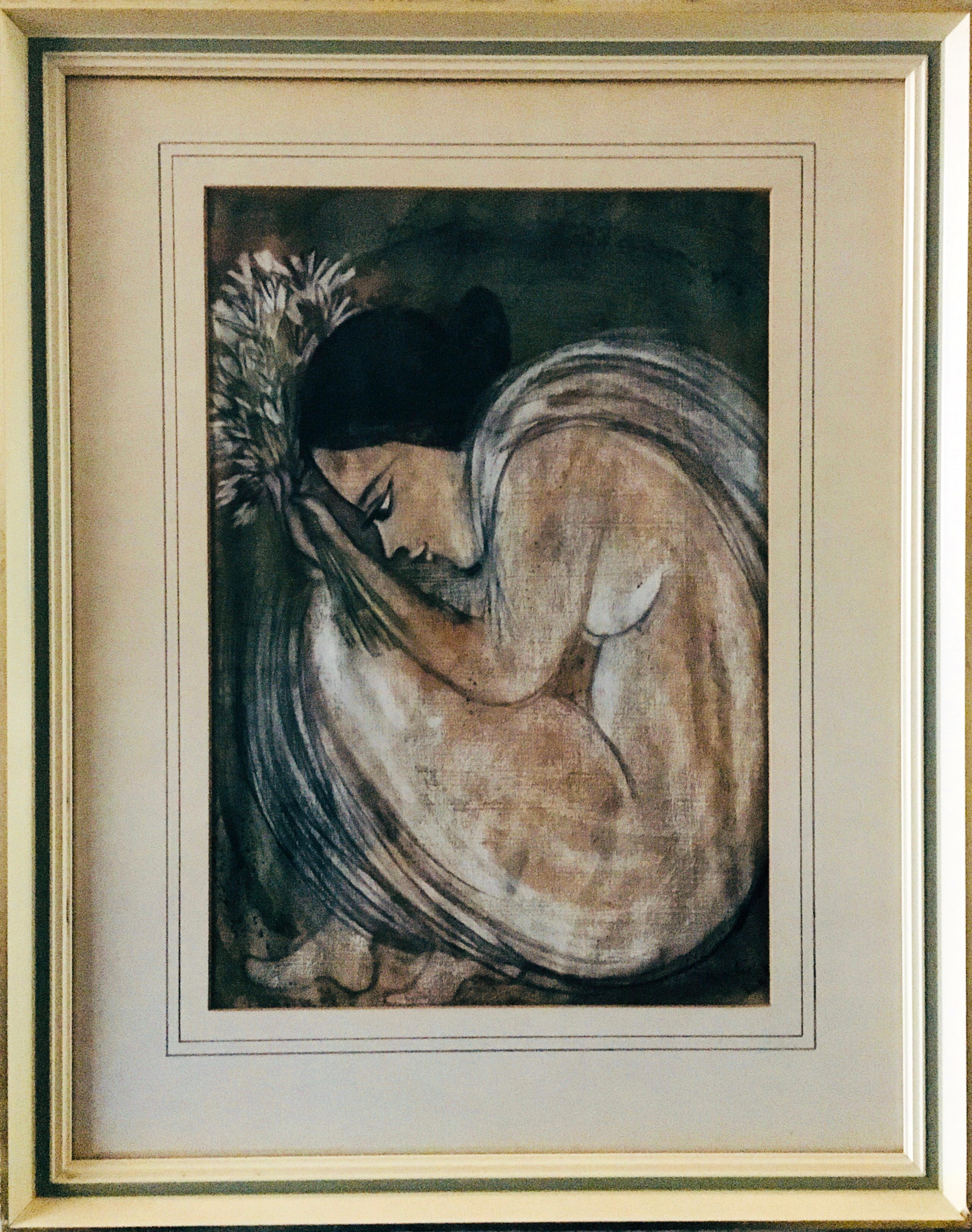 India Pittura moderna contemporanea Ragazza con fiori firmata indistintamente 3