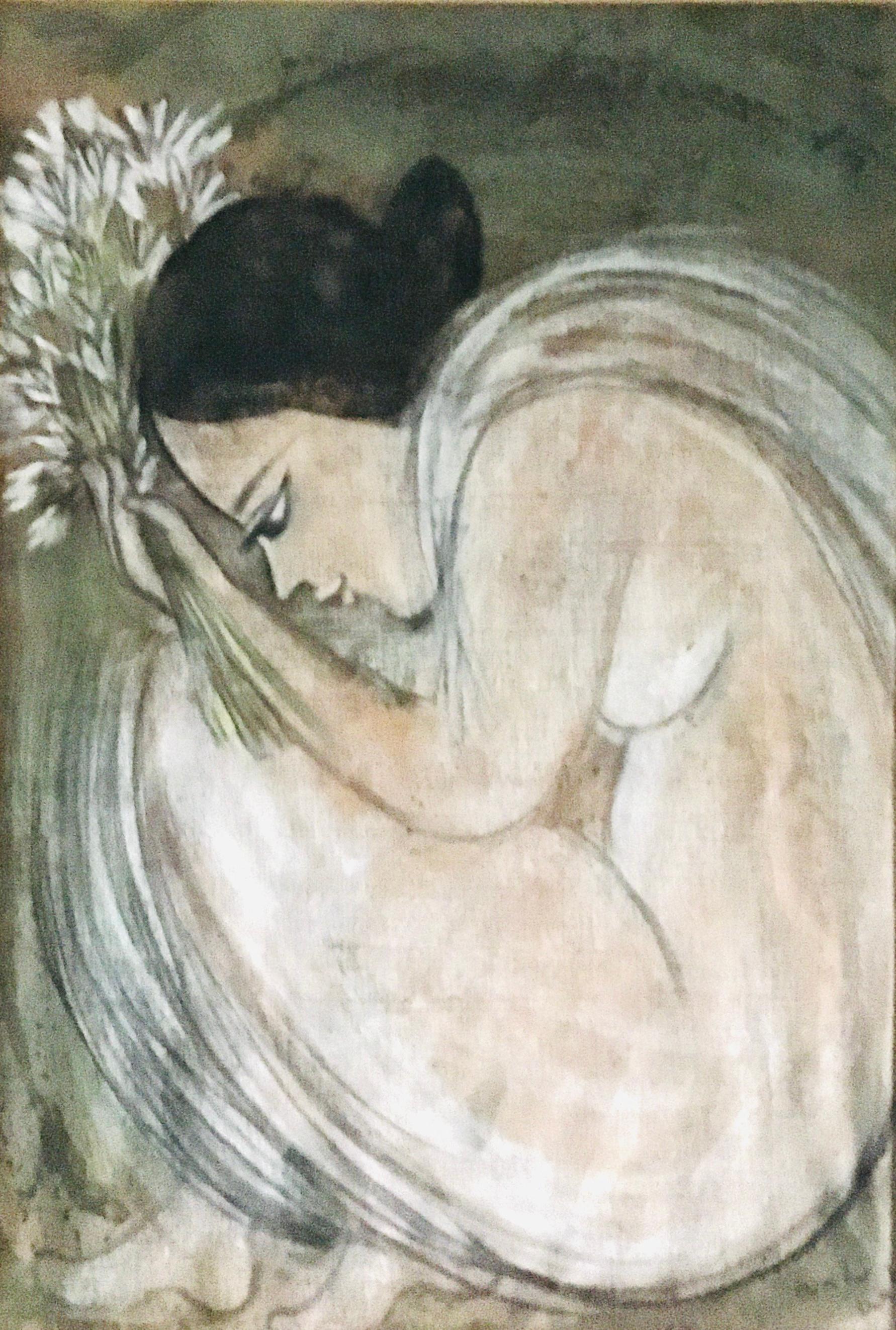 Figurative Painting di Unknown - India Pittura moderna contemporanea Ragazza con fiori firmata indistintamente