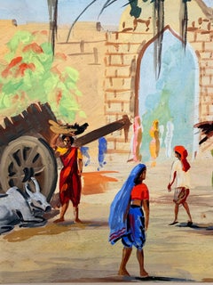 Paesaggio rurale dell'India acquerello su carta firmato Metà del XX secolo