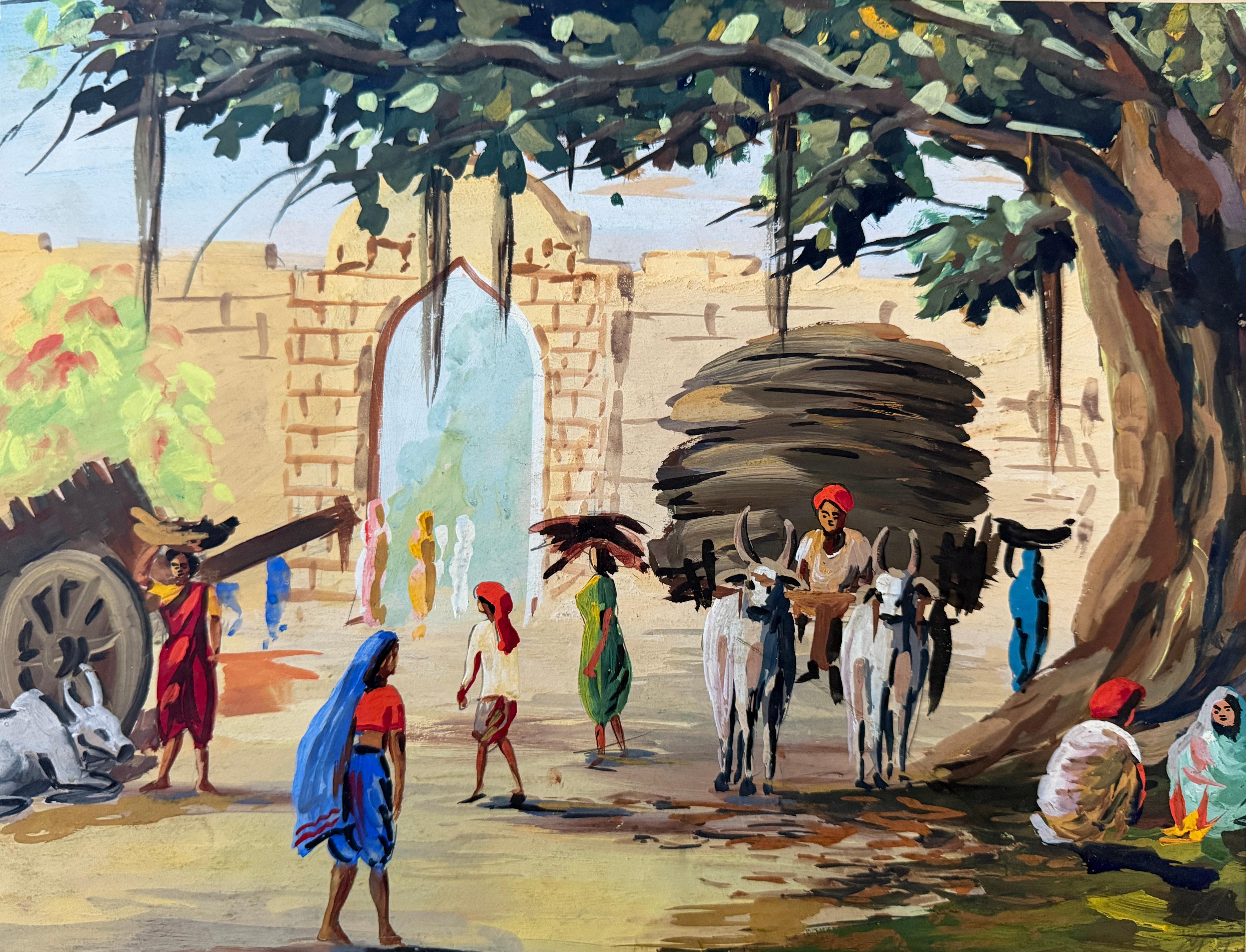 India Paisaje rural de aldea Acuarela sobre papel Firmado Mediados del siglo XX