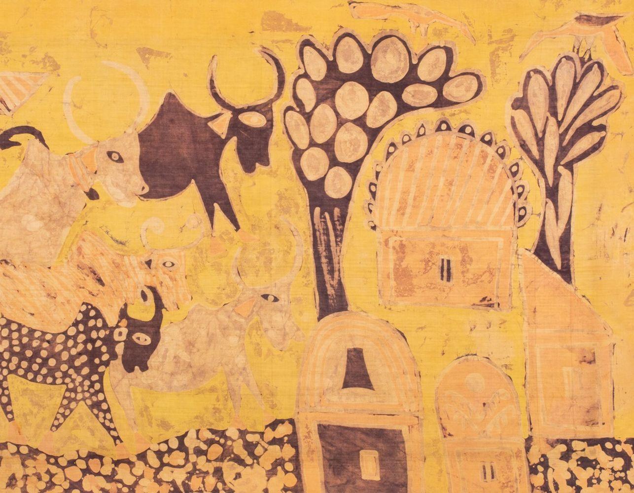 Indian Batik Art Textile Tapestry, 1965 - Painting by Unknown