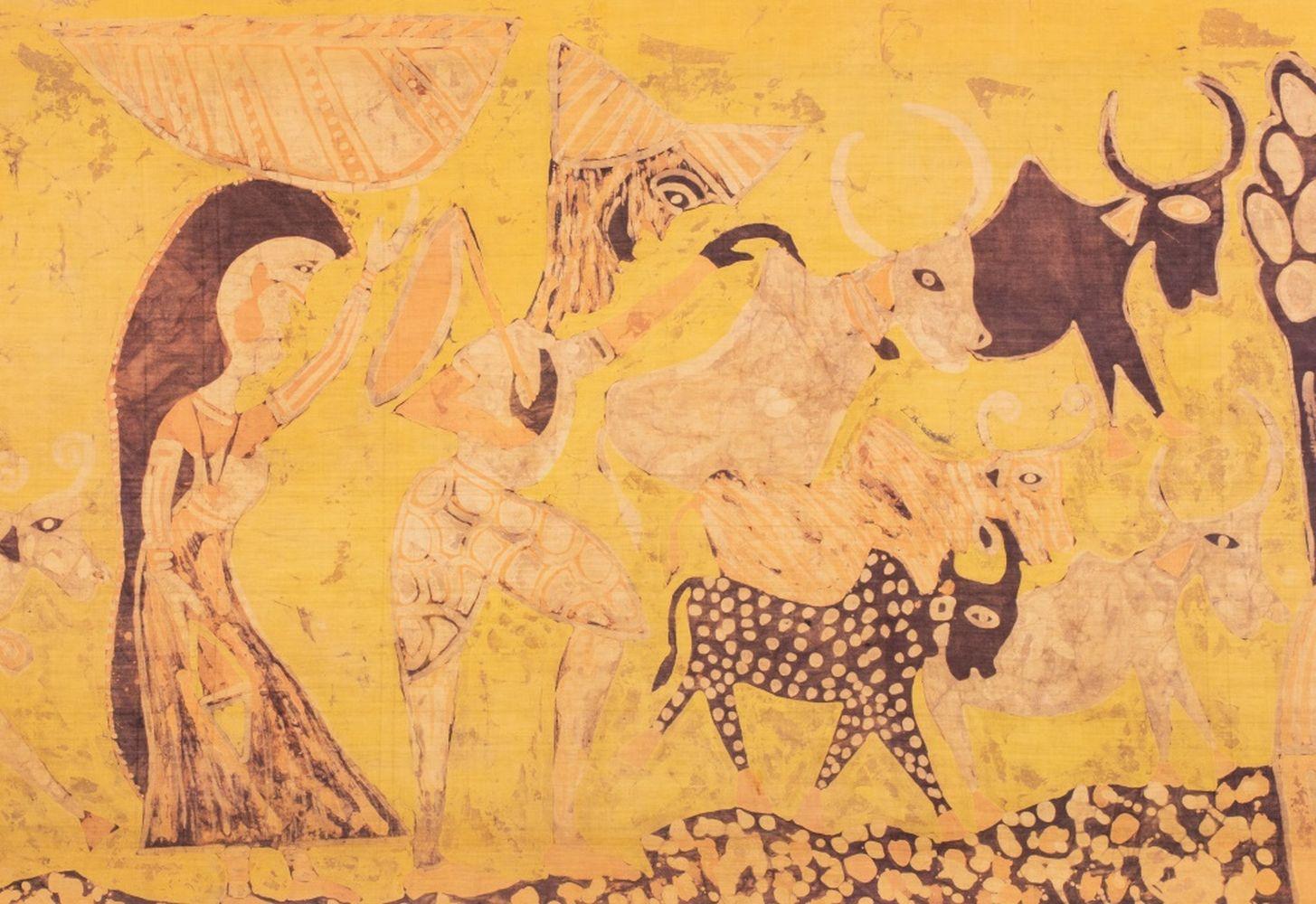 Indian Batik Art Textile Tapestry, 1965 - Orange Animal Painting by Unknown