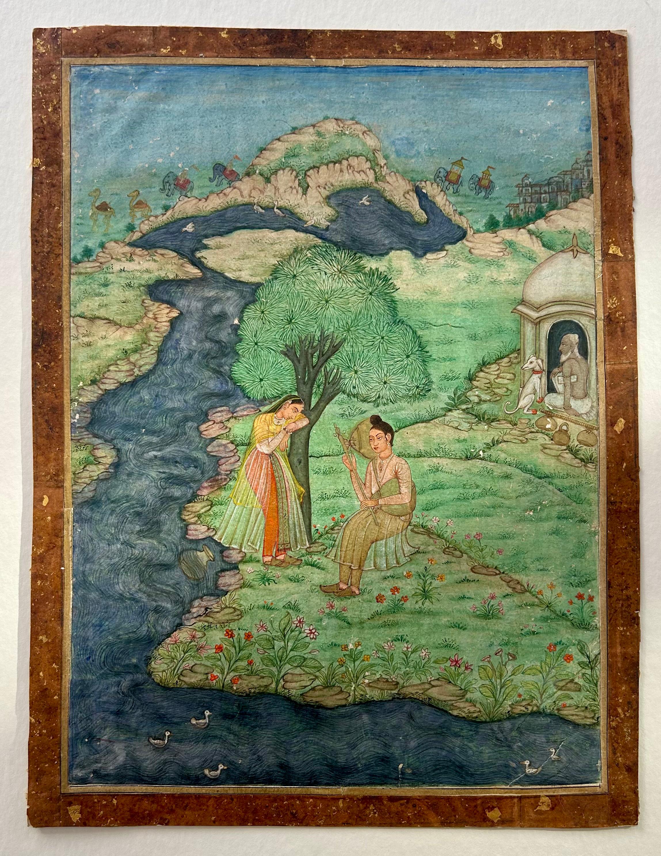 Miniatura India Escuela Deccan c1780 Ragamala Naturaleza Figuras Río Árboles - Painting de Unknown