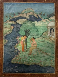 Miniatura indiana Scuola Deccan c1780 Ragamala Nature Figure Fiume Alberi