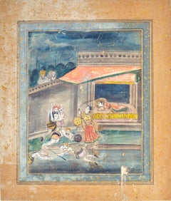 Antique Indian Miniature - Fight between Durga and Mahishasura - 19th Century